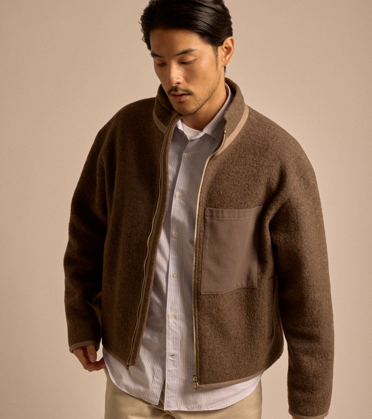 De Bonne Facture Boiled Wool Bookstore Jacket in ash brown, product photo.