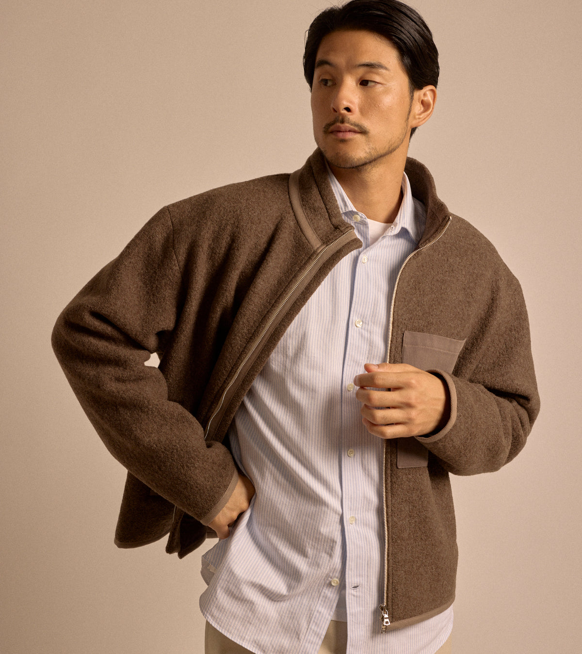 De Bonne Facture Boiled Wool Bookstore Jacket in ash brown, product photo.