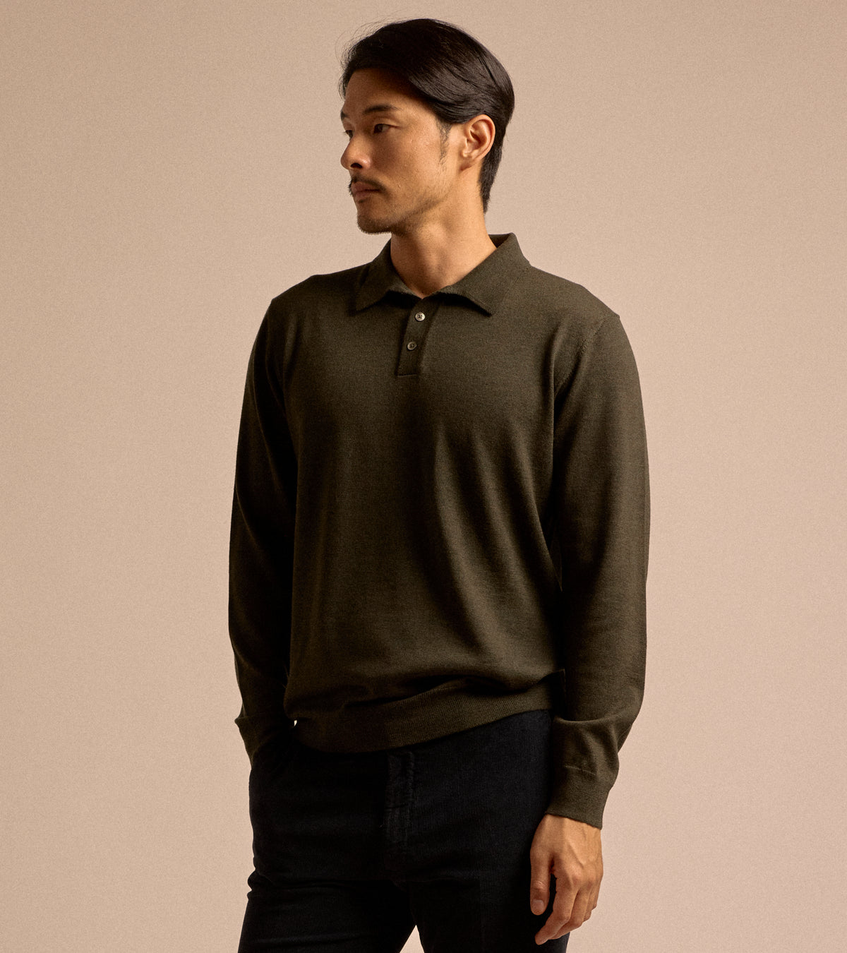 Trunk Enford Merino Knit Long Sleeve Polo Shirt in loden green, product photo.