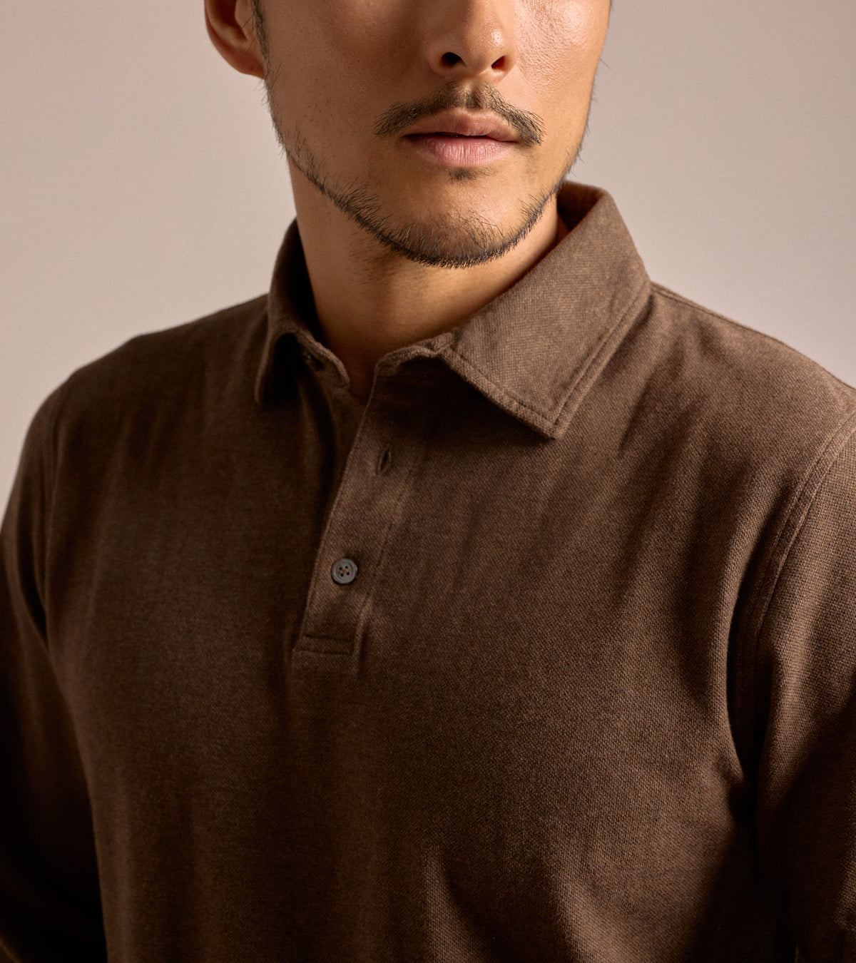 Trunk Moxon Long Sleeve Polo Shirt in brown marl, product photo.