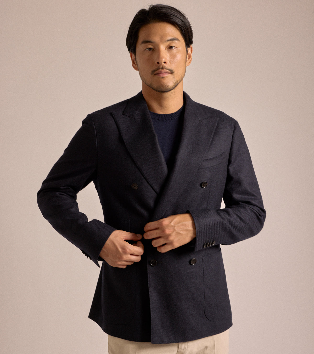 Caruso Aida Wool Cashmere Twill Double Breasted Jacket in navy, product photo.