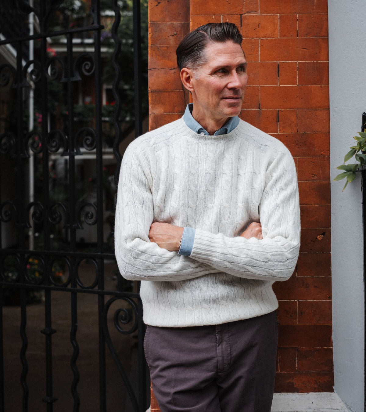 Trunk Grafton Cable Knit Lambswool Crew Neck Sweater in winter white, product photo.