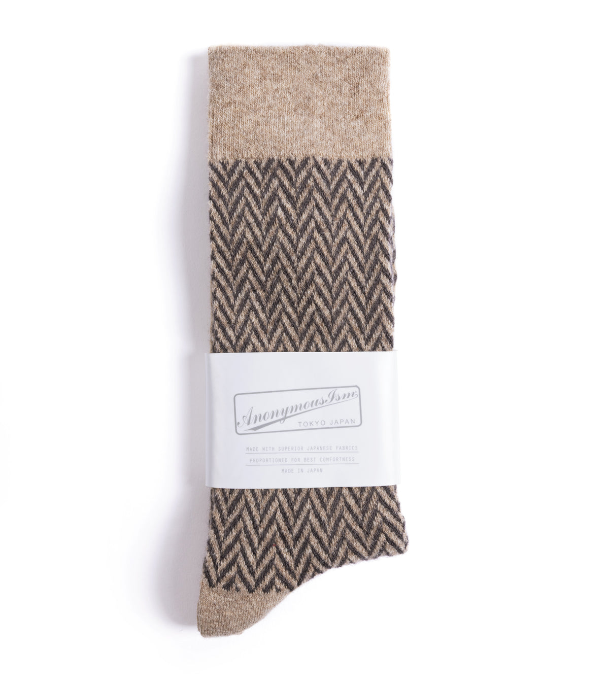 Anonymous Ism Wool Herringbone Crew Socks: Beige