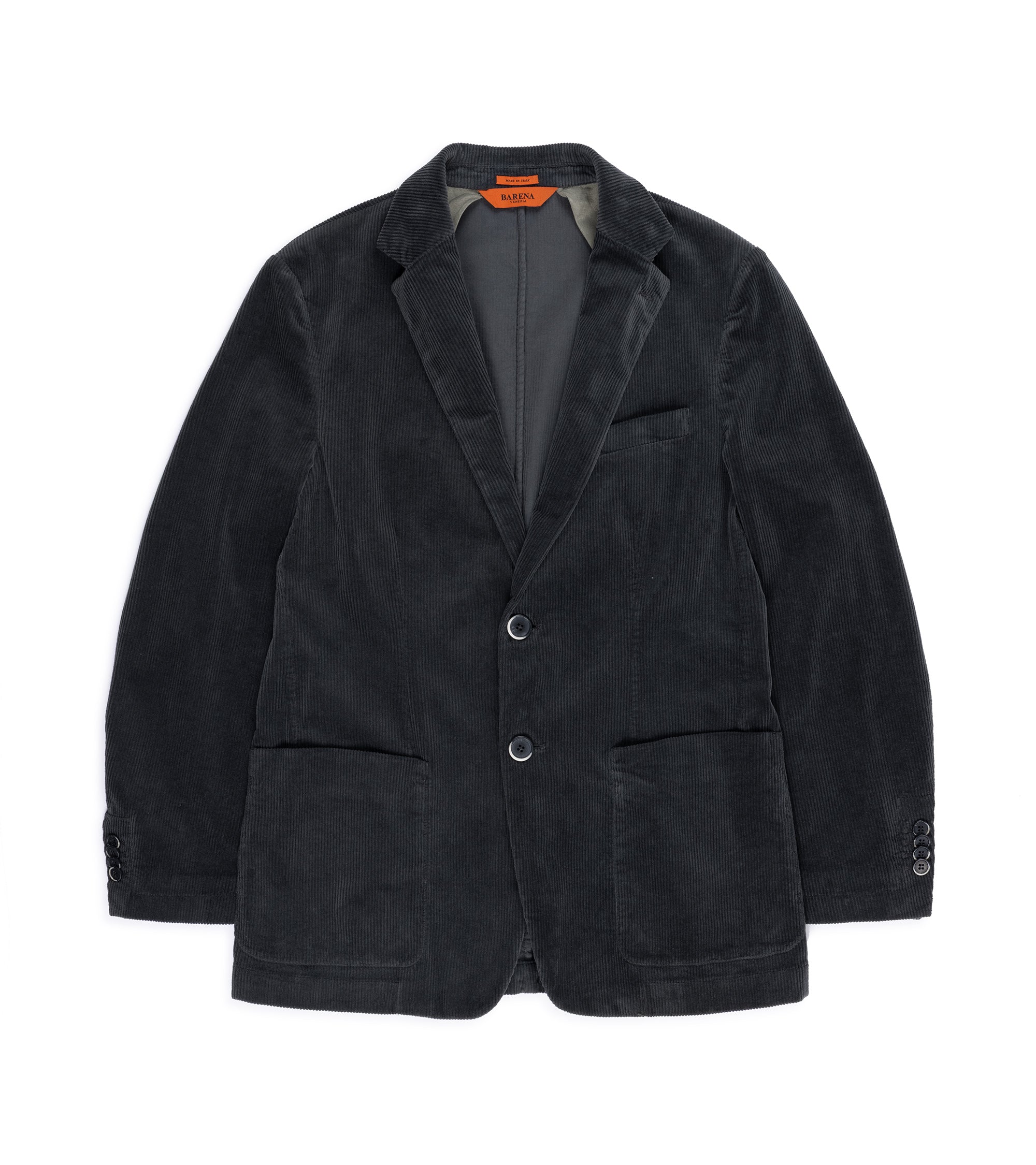 Barena corduroy blazer jacket in dark grey with notch lapels, a two-button front closure, and two large front patch pockets.