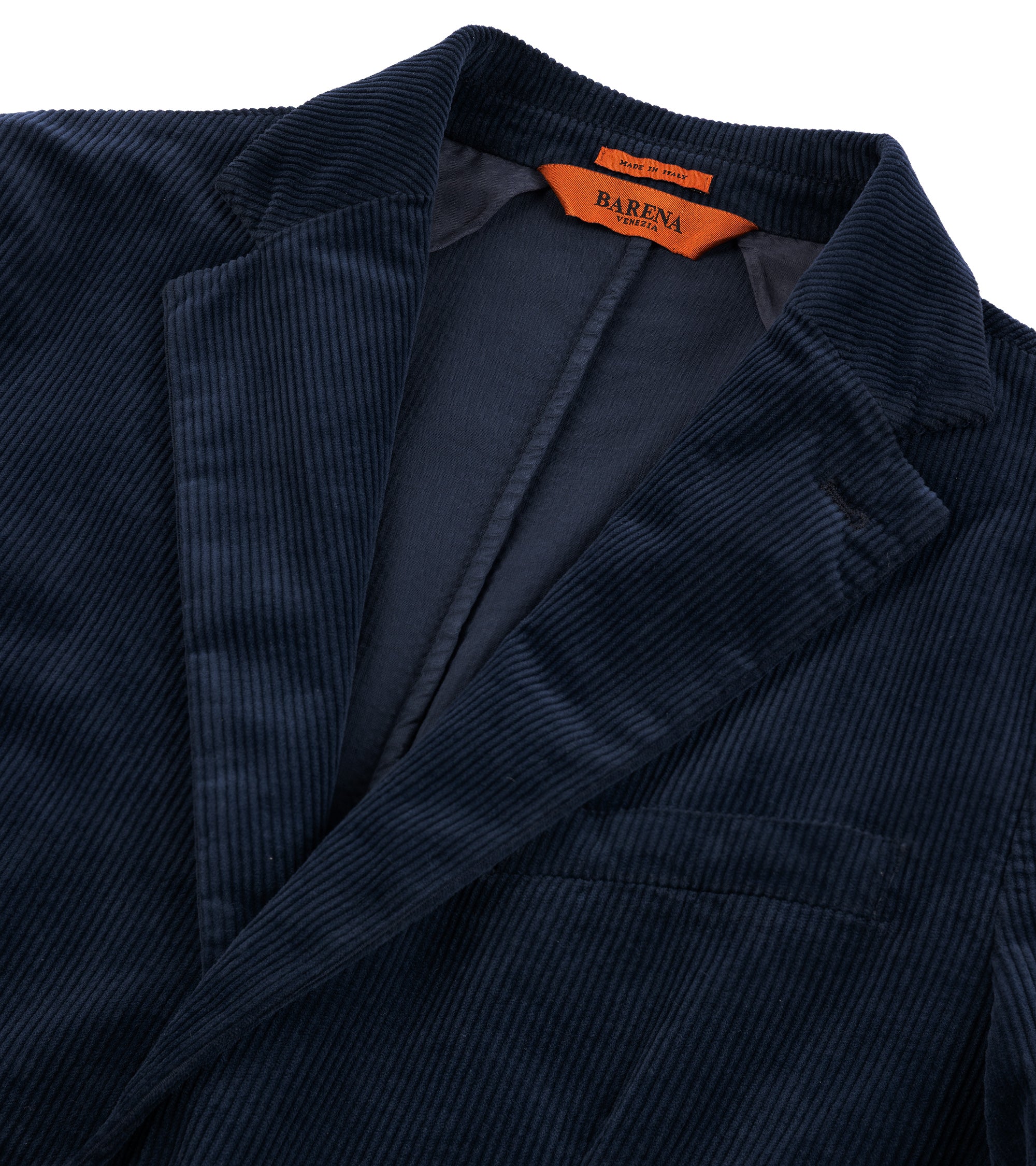 Barena corduroy blazer jacket in navy, close-up of the collar and detail of the corduroy fabric