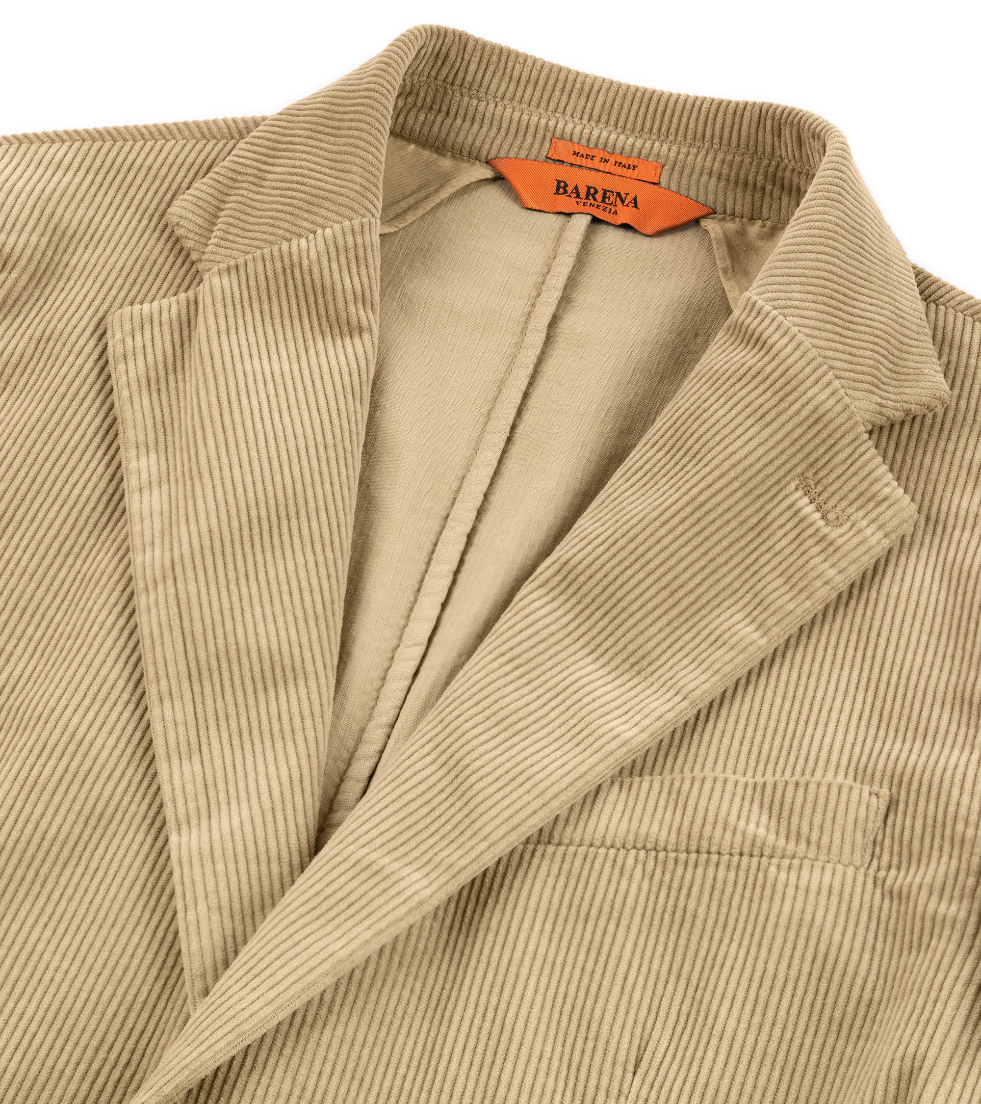 Barena corduroy blazer jacket in beige, close-up of the collar and detail of the corduroy fabric