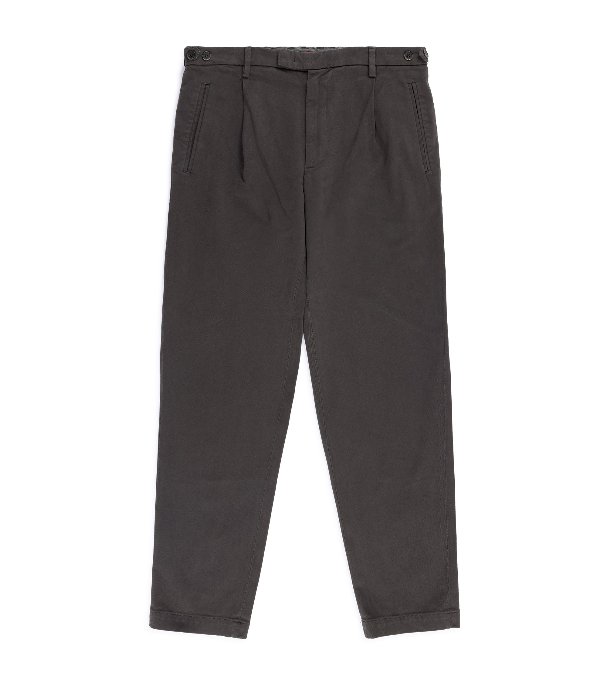 Barena Masco Mante cotton twill trousers in brown, front view with slash pockets, single pleats and belt loops.