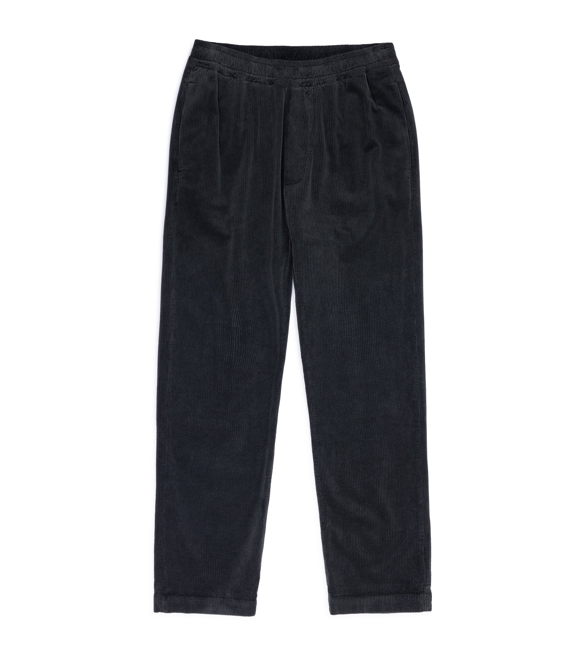 Barena Riobarbo Cortivo cotton corduroy trousers in dark grey. Front view showing elasticated waistband and single pleats.