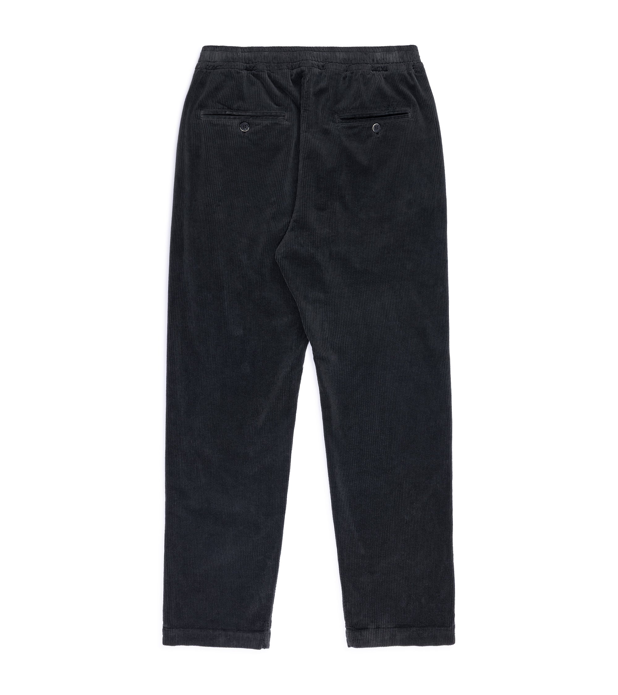 Barena Riobarbo Cortivo cotton corduroy trousers in dark grey. Back view showing elasticated waist and two back pockets with button closure.