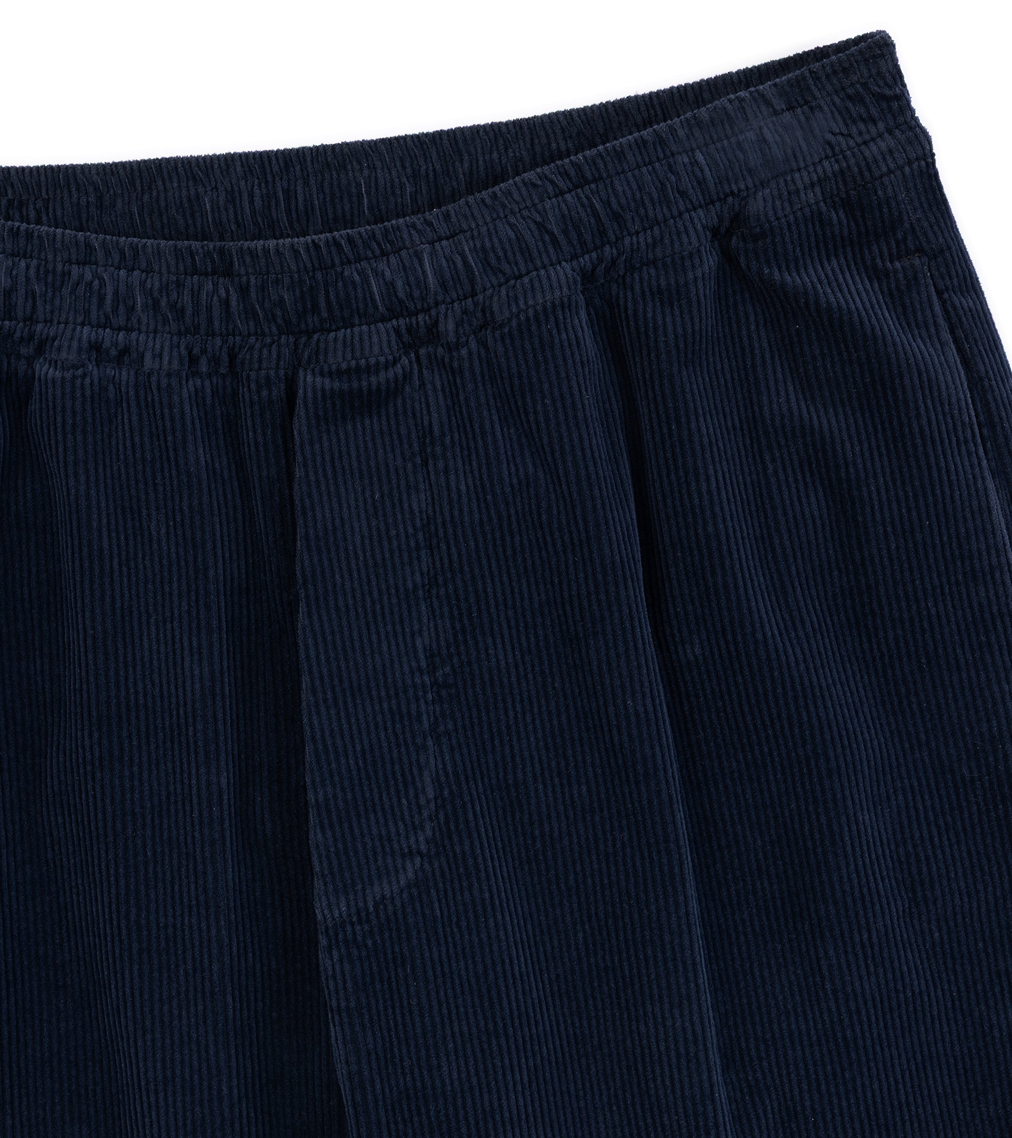 Barena Riobarbo Cortivo cotton corduroy trousers in navy. A close-up of the waistband and crotch showing the detail of the cotton corduroy fabric.