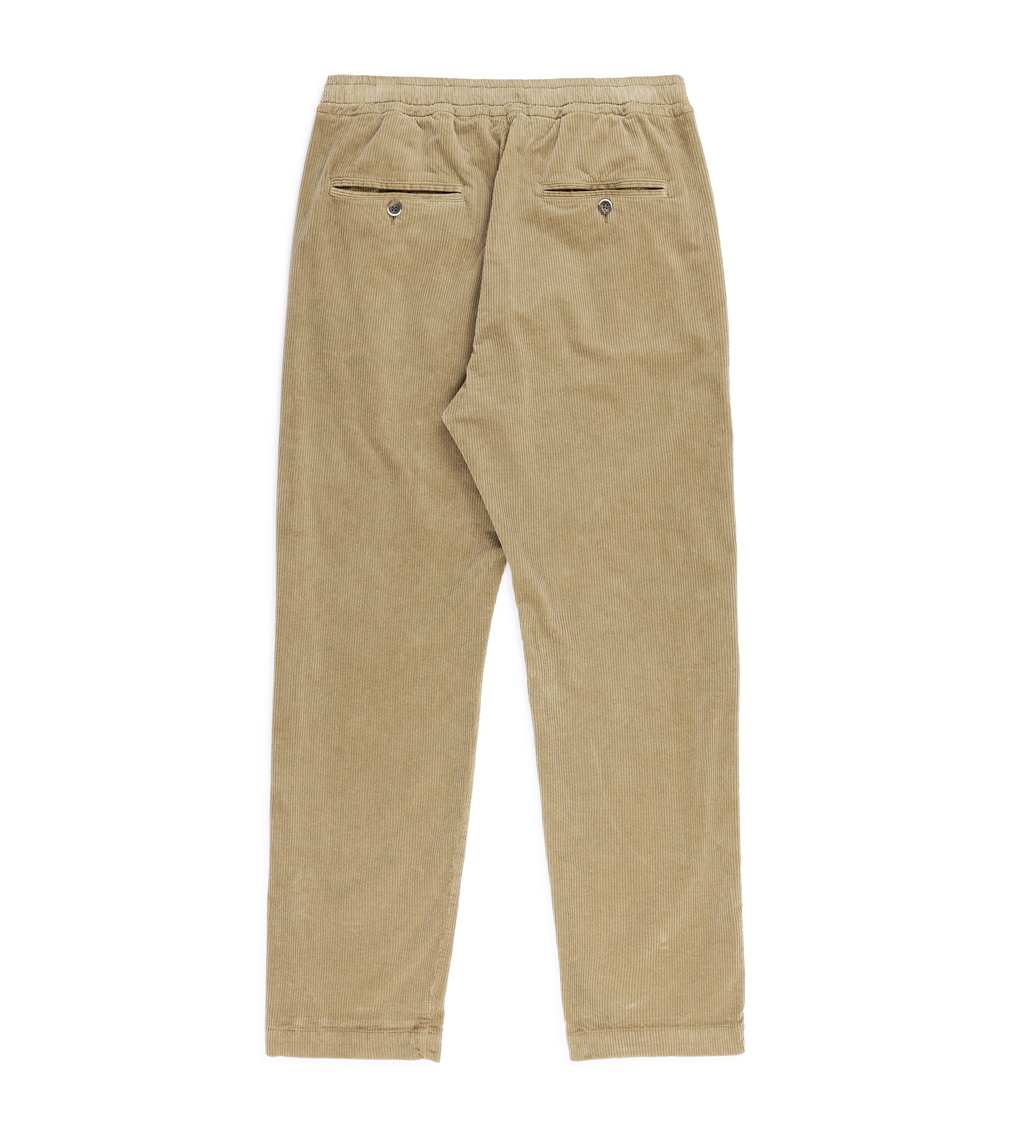 Barena Riobarbo Cortivo cotton corduroy trousers in putty. Back view showing elasticated waist and two back pockets with button closure.