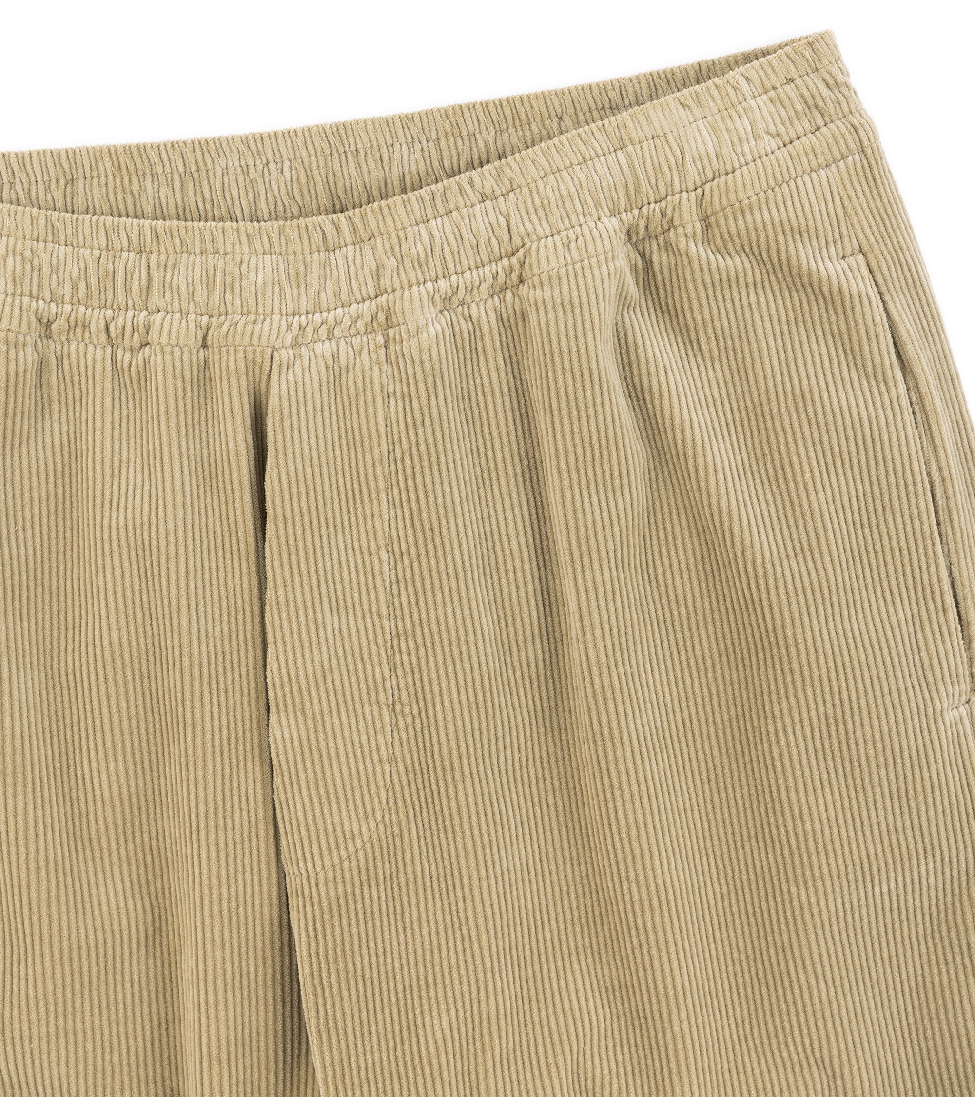 Barena Riobarbo Cortivo cotton corduroy trousers in putty. A close-up of the waistband and crotch showing the detail of the cotton corduroy fabric.