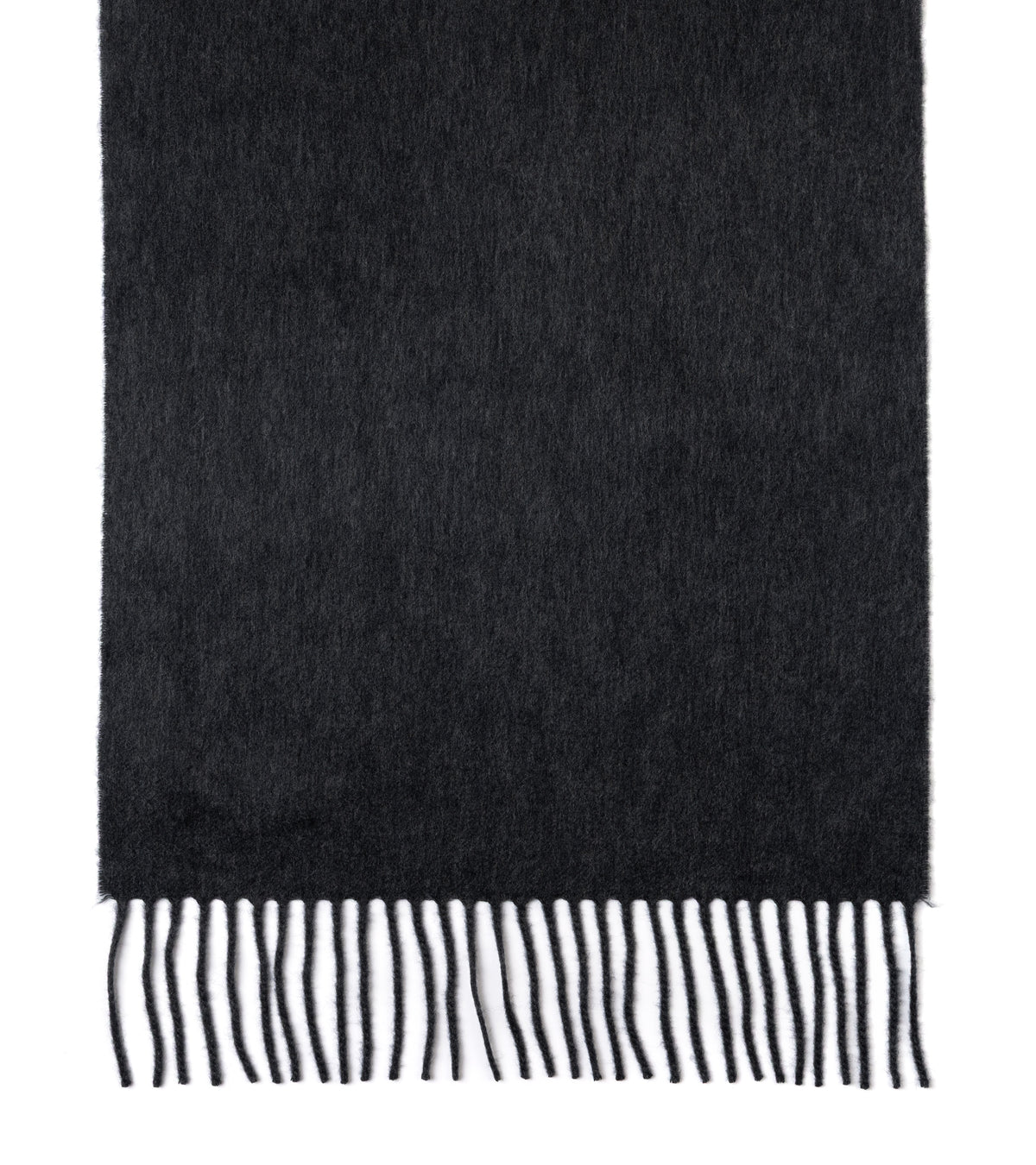 A dark charcoal gray woven scarf with fringed edges, shown flat against a plain white background.