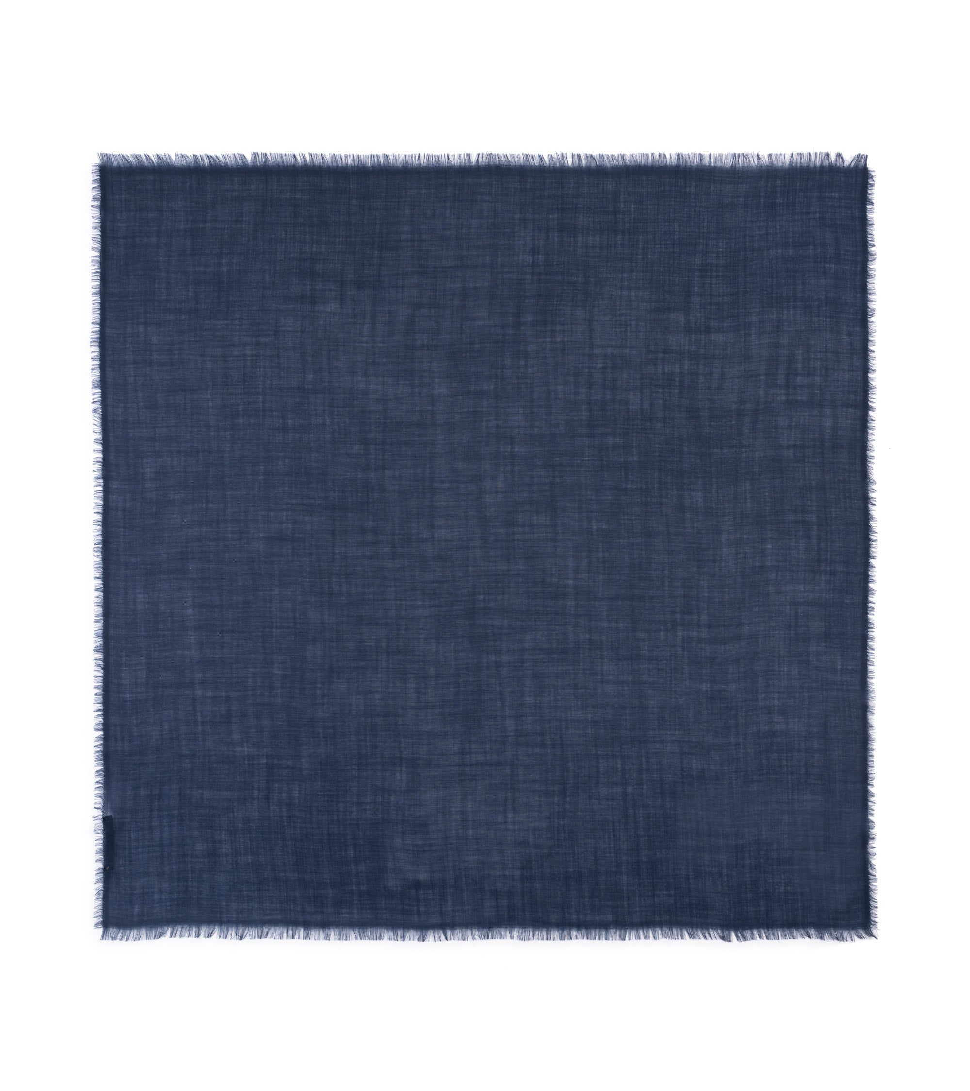 A square navy blue woven fabric scarf with fringed edges, displayed flat against a solid white background.