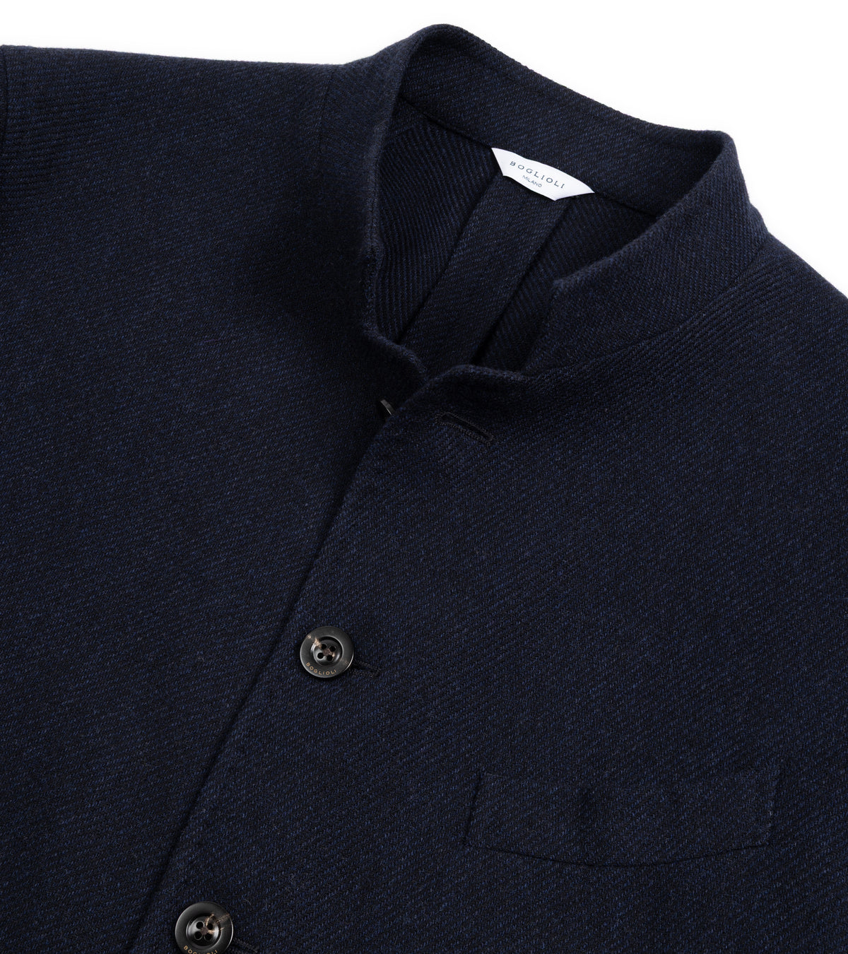 Boglioli Wool Cashmere Twill Gassman Jacket in Navy. Close-up detail of the collar, buttons and fabric.