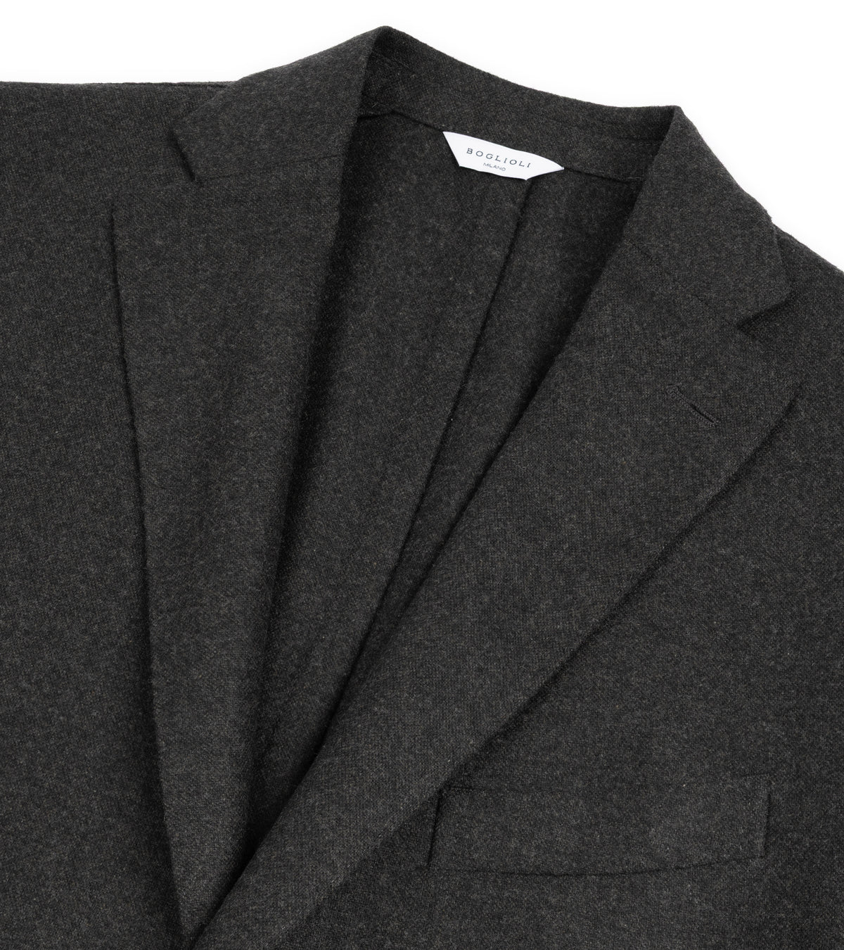 Boglioli Wool Flannel Hopsack K Jacket in Grey. Close-up detail of the fabric and lapel.