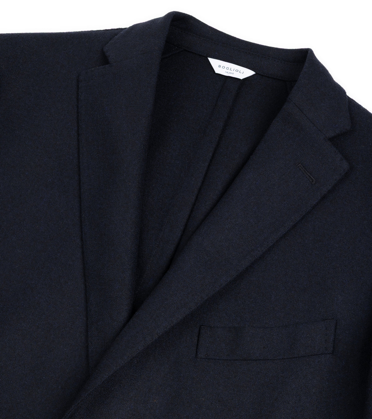 Boglioli Wool Flannel Hopsack K Jacket in Navy. Close up detail of the lapel and fabric.