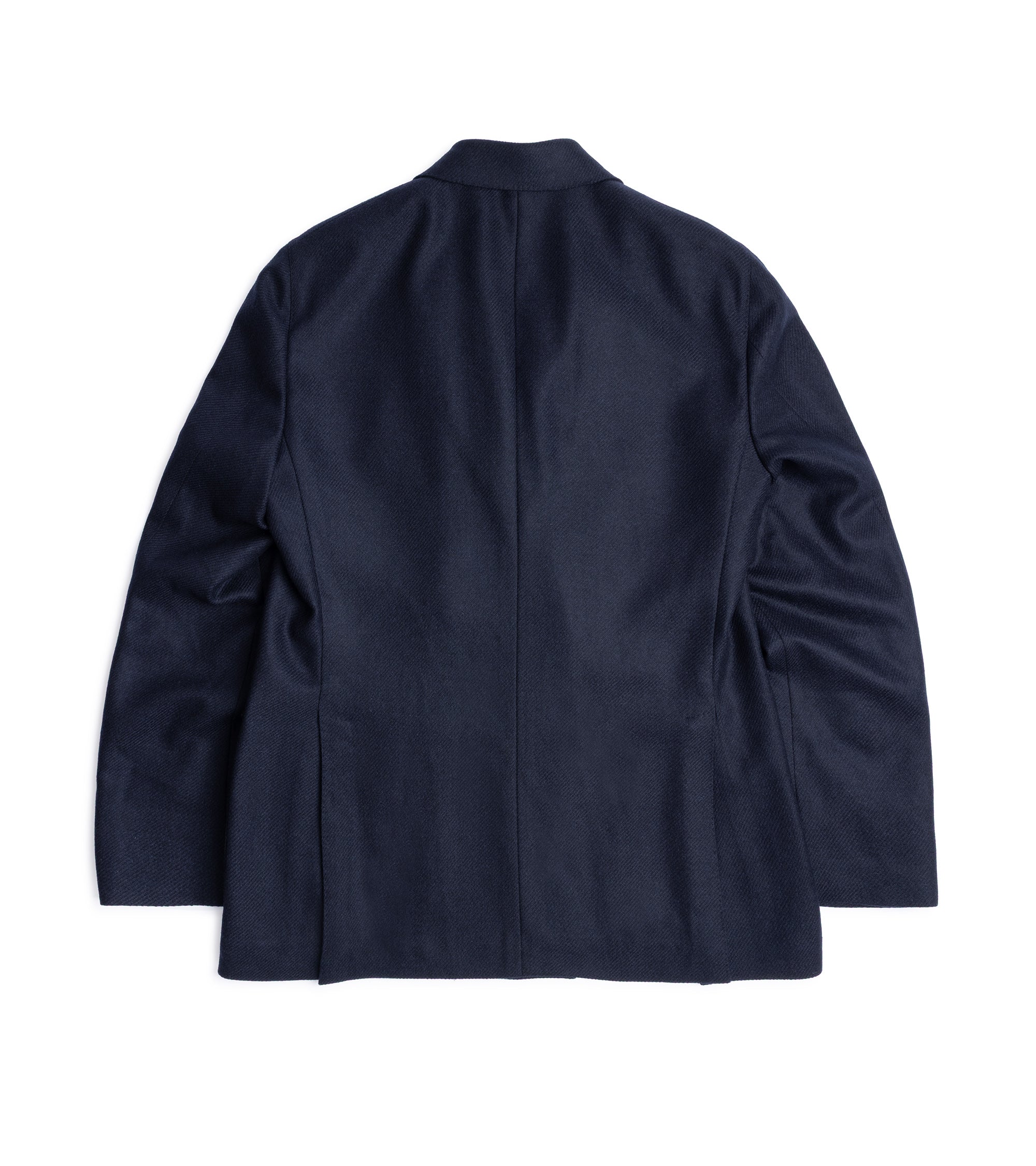 Caruso Aida double breasted jacket in navy wool cashmere twill, back view.