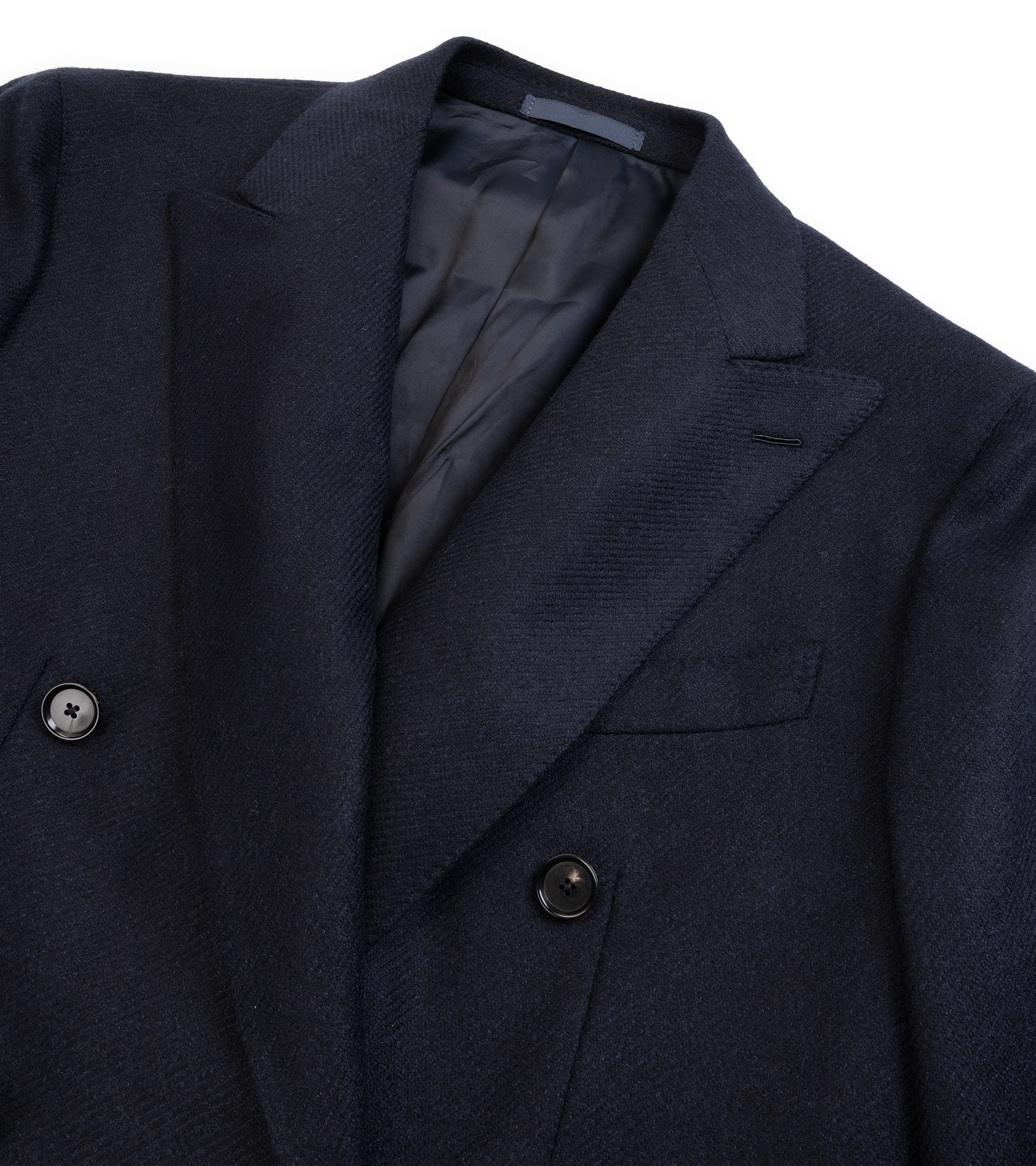 Caruso Aida double breasted jacket in navy wool cashmere twill, close-up of the lapel and buttons.
