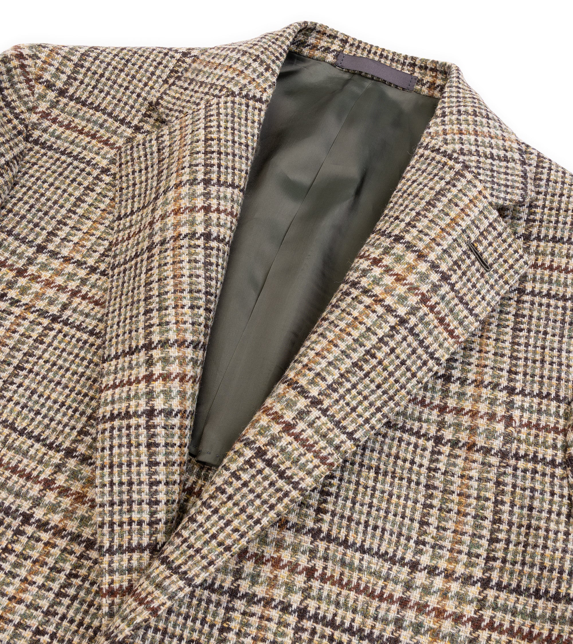 Caruso Aida Wool Large Glencheck Jacket in brown/green. Close-up detail of the lapels and detail of the Glencheck wool fabric.