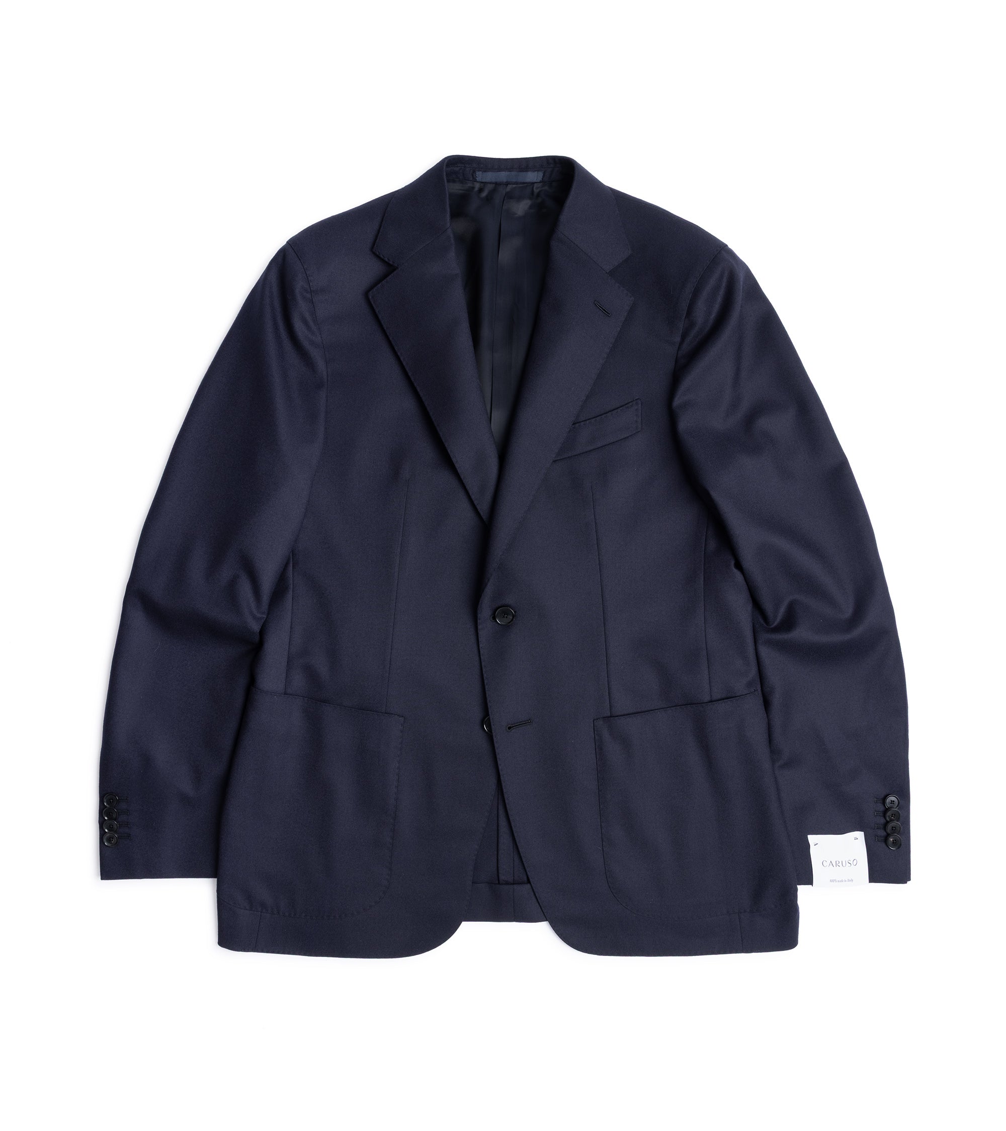 Caruso superlight wool flannel suit jacket in navy,  front view.