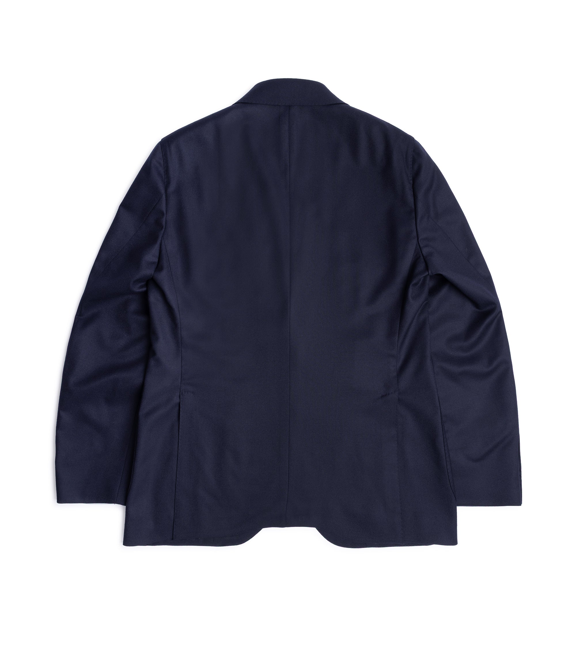 Caruso Superlight wool flannel suit jacket in navy, back view.