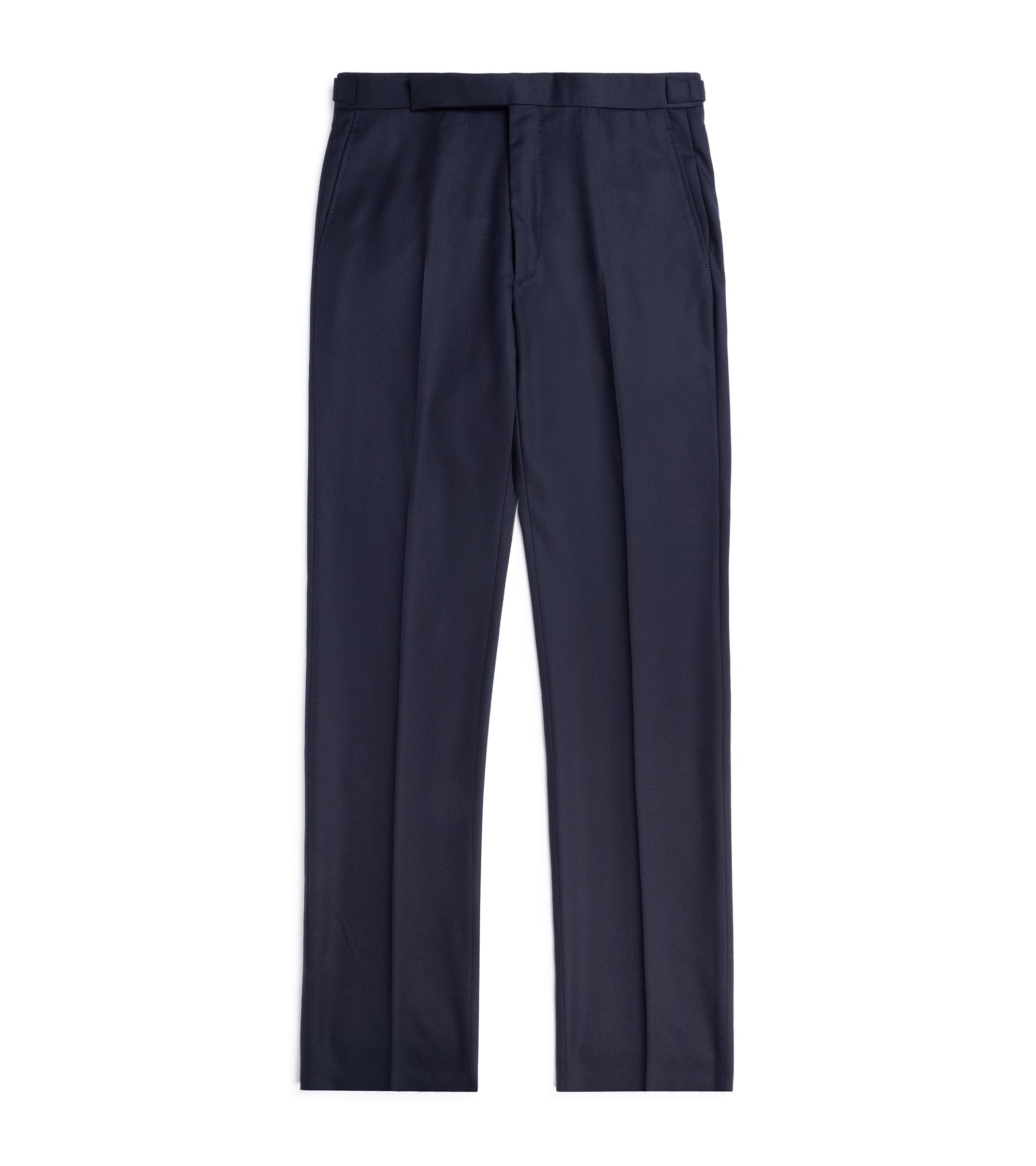 Caruso Superlight wool flannel suit trousers in navy, front view.