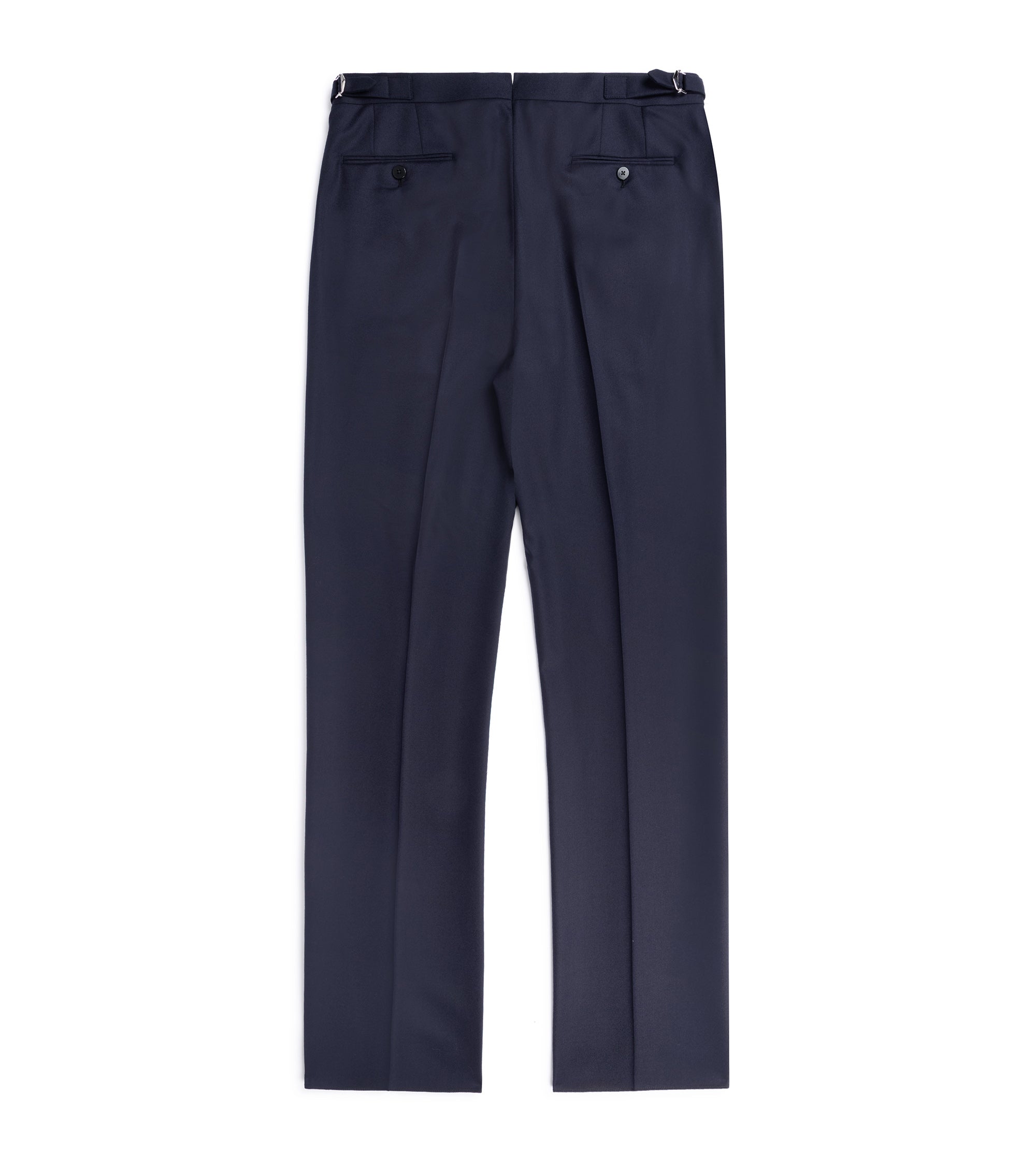 Caruso Superlight wool flannel suit trousers in navy, back view showing the back pockets with button closure and single pleats. Side adjusters on waist.