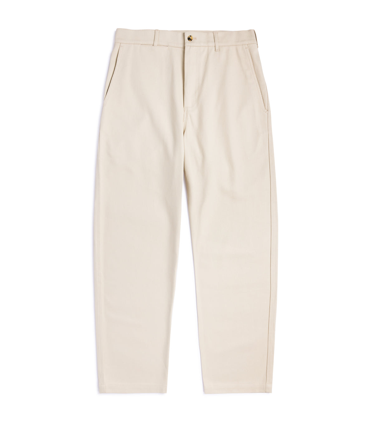 De Bonne Facture Heavy Cotton Balloon Trousers in Cream, front view, showing side pockets and front button.