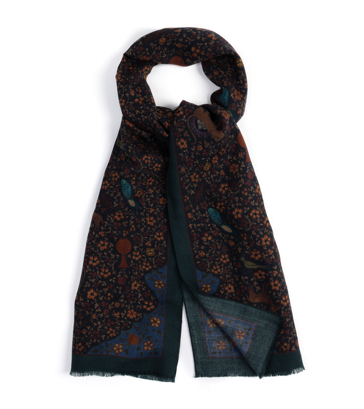 De Bonne Facture Ispahan Folk Pattern Soft Wool Scarf in Green, styled in a loop.