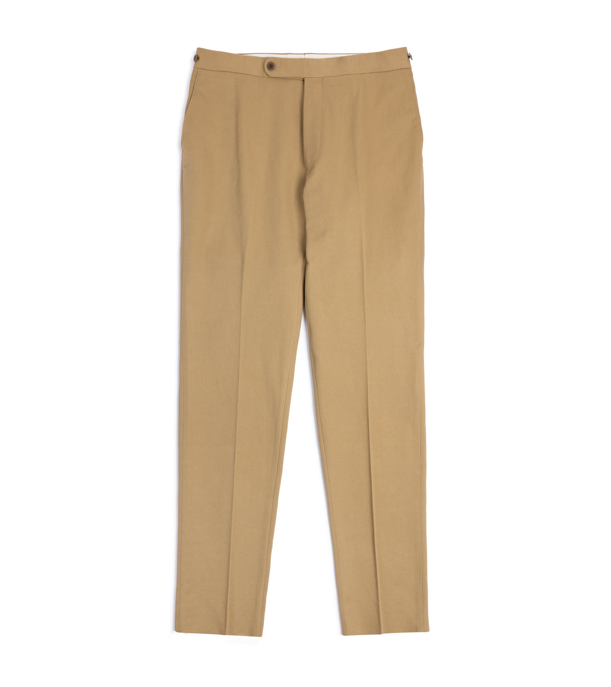 Echizenya Vintage Washed Cotton Tab Chino Trousers in Tan, front view. Single pleat, side pockets, side-adjuster tabs and a button fastening.
