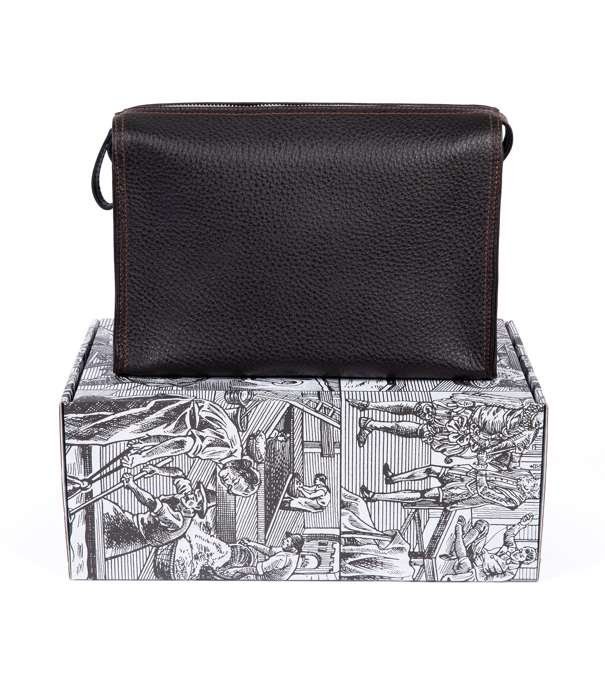 F. Hammann leather wash bag in brown, open view showing the interior.