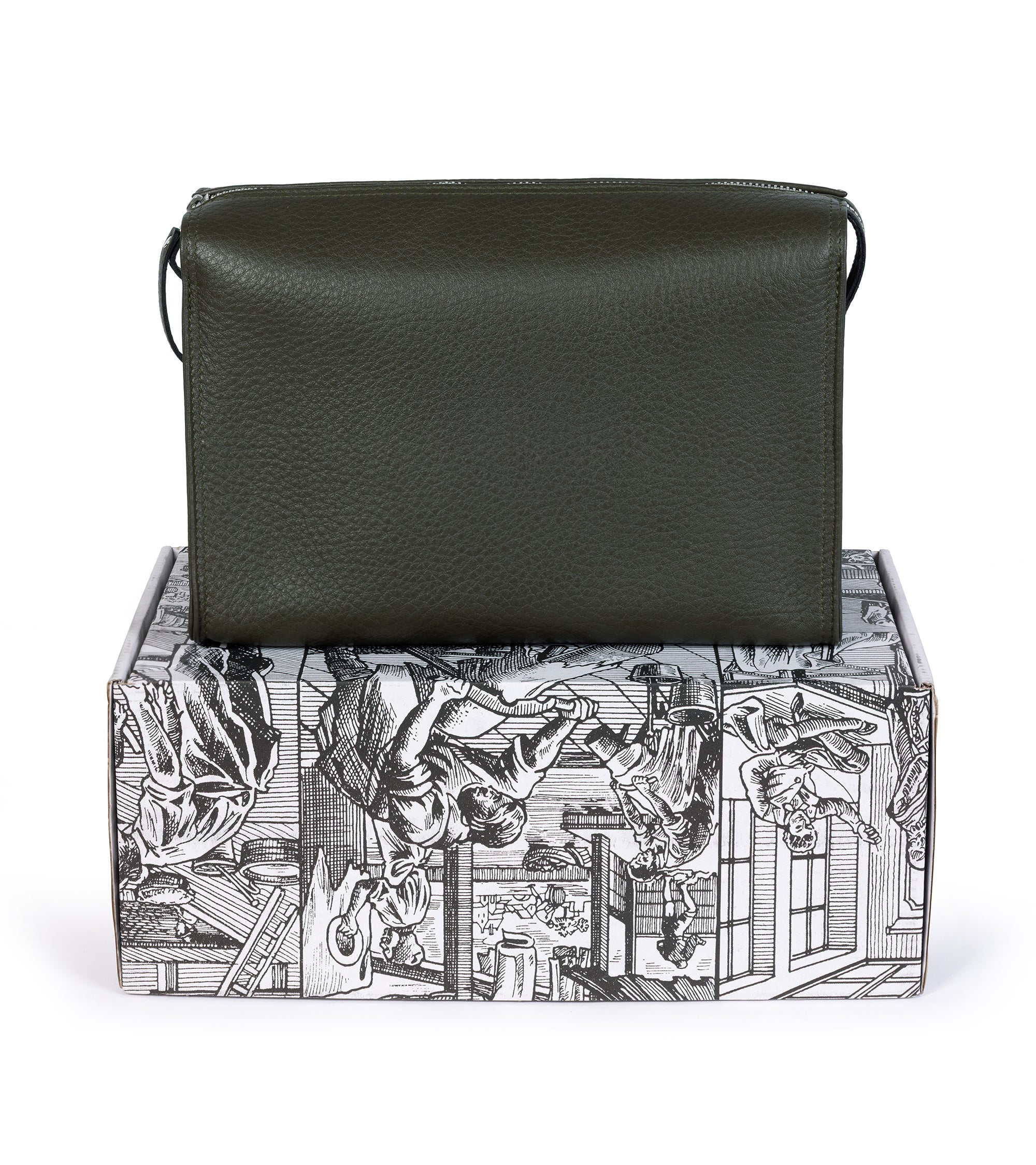 F. Hammann leather wash bag in olive, front view.