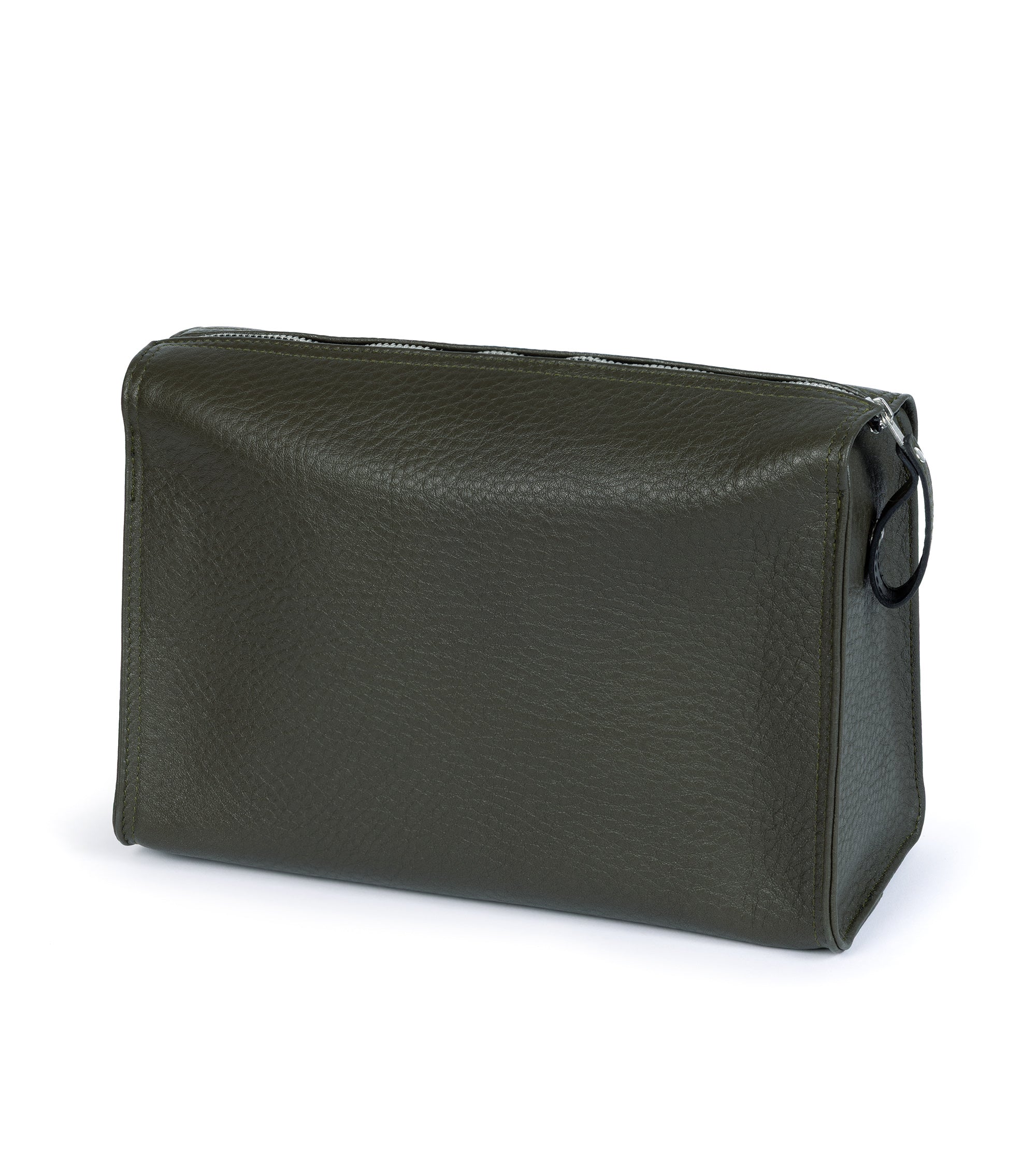 F. Hammann leather wash bag in olive, close-up of the zip and handle.