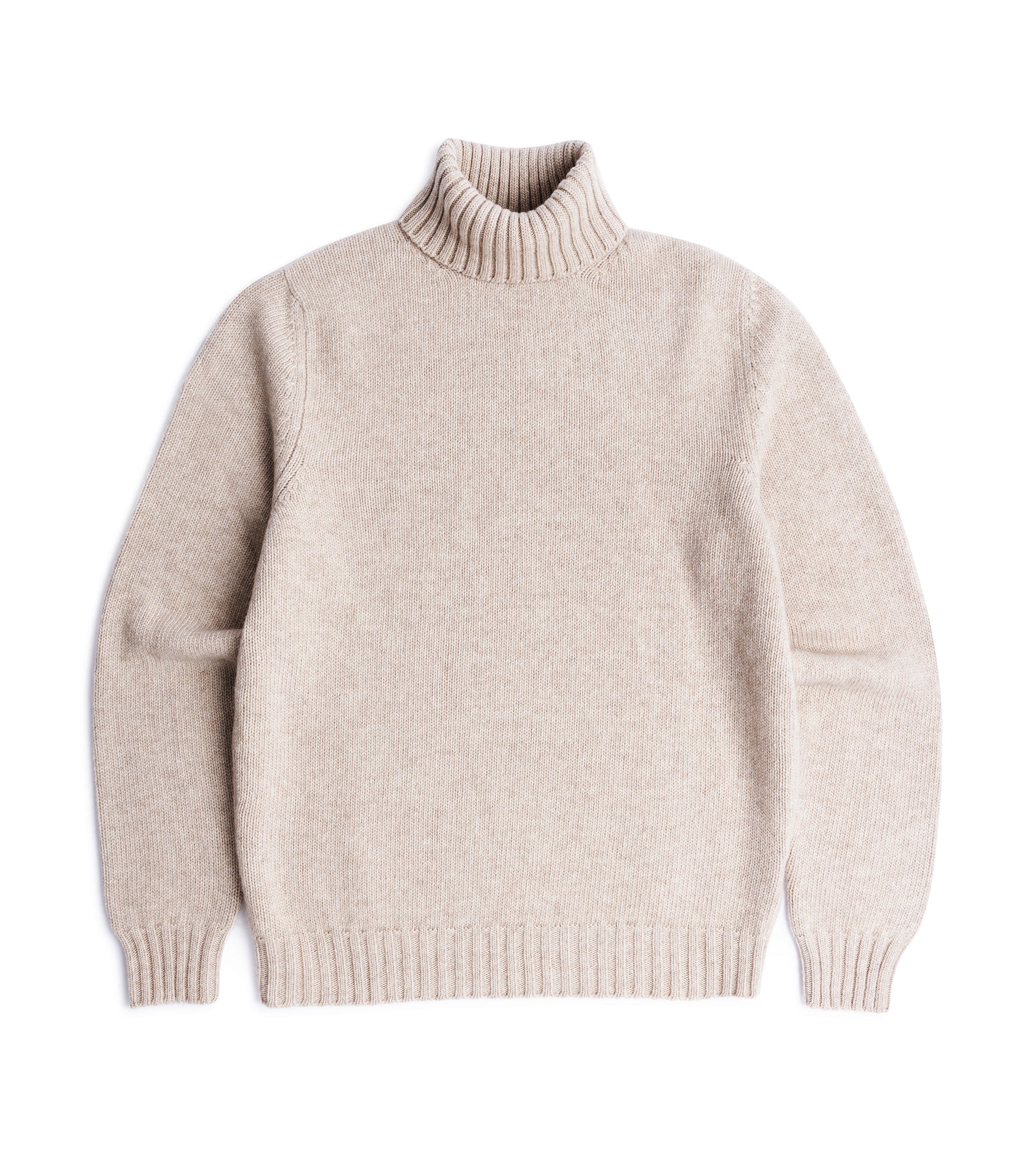 Fedeli Oslo Wool Cashmere Roll Neck Sweater in a light beige melange, front view.