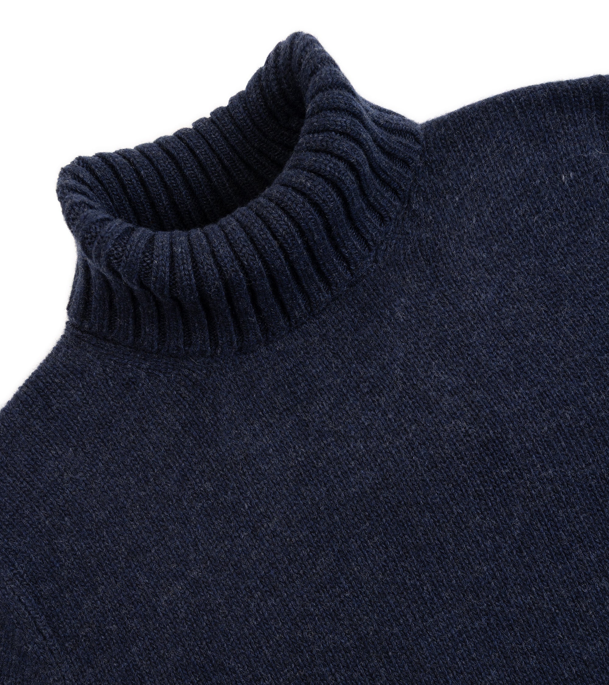 Fedeli Oslo Wool Cashmere Roll Neck Sweater in navy, close-up detail of the roll neck and wool cashmere fabric.