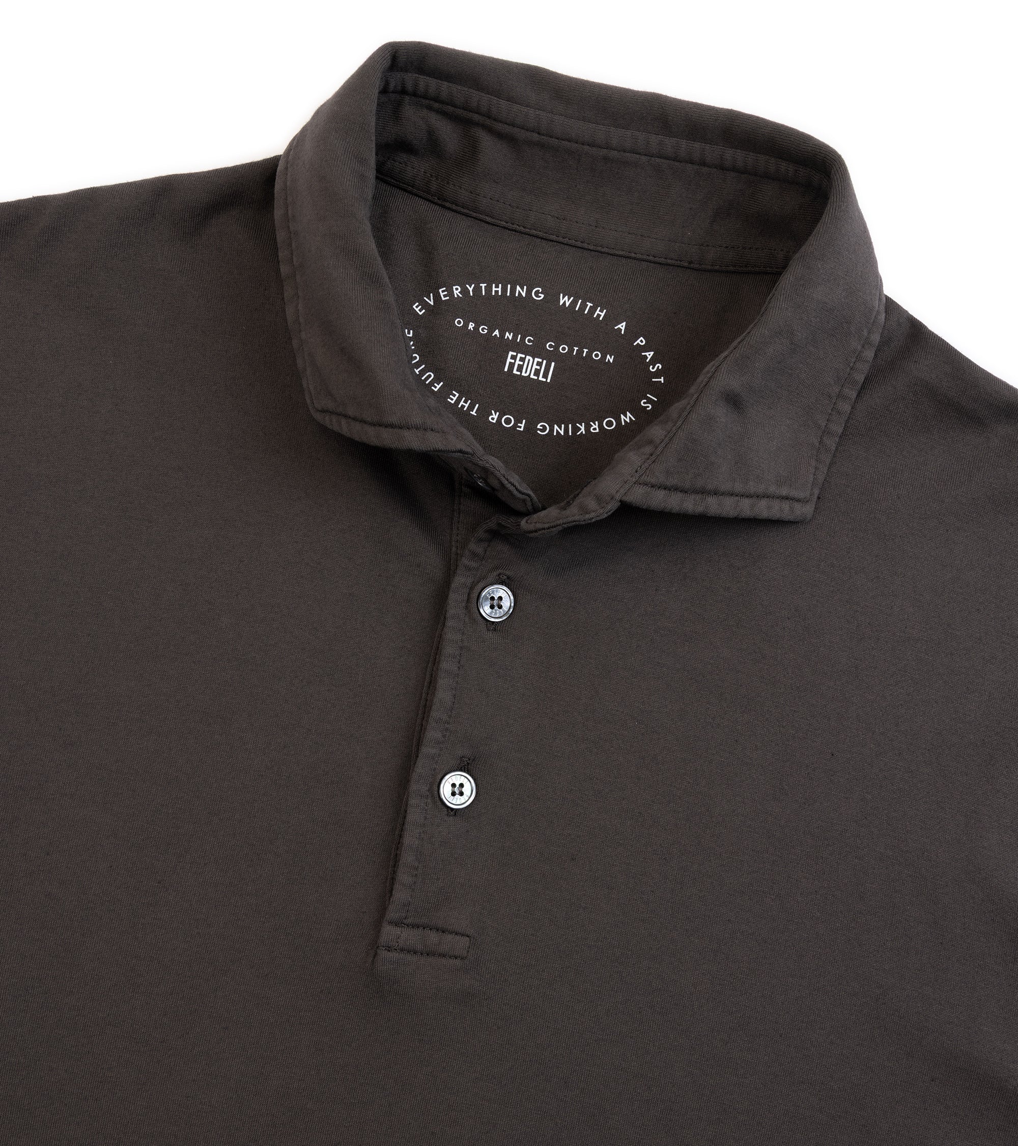 Fedeli Zero Cotton Jersey Long Sleeve Polo Shirt in dark brown. Close-up detail of the collar, three-button placket and fabric.
