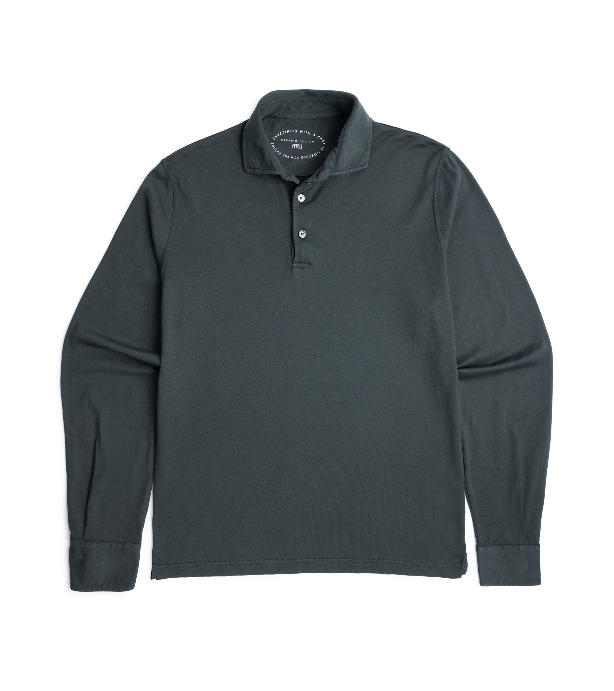 Fedeli Zero Cotton Jersey Long Sleeve Polo Shirt in dark forest green, front view.