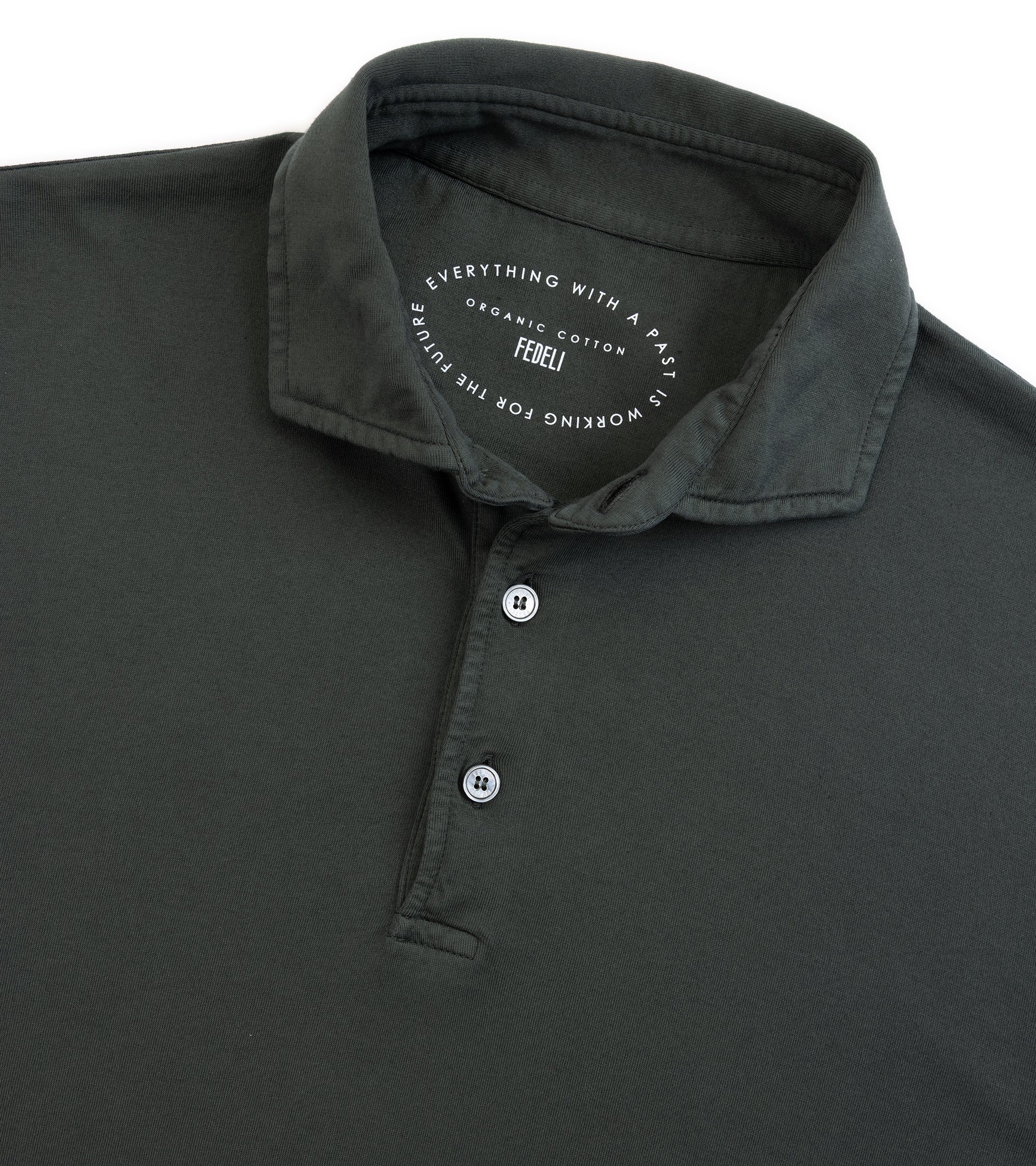 Fedeli Zero Cotton Jersey Long Sleeve Polo Shirt in dark forest green. Close-up detail of the collar, three-button placket and fabric.