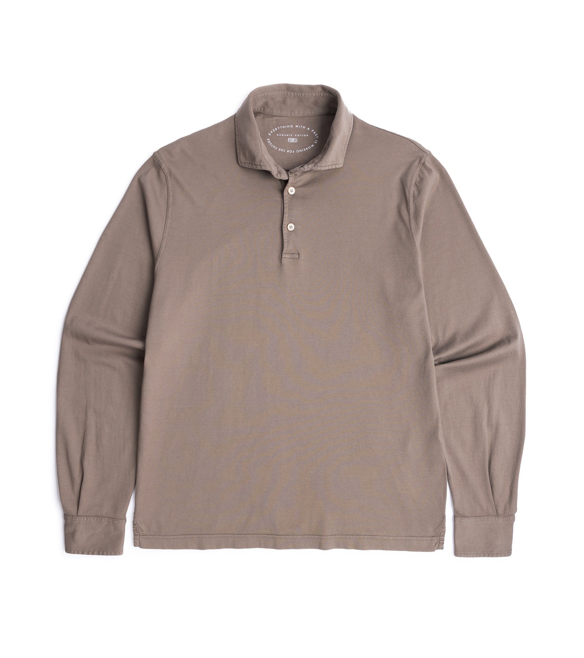 Fedeli Zero Cotton Jersey Long Sleeve Polo Shirt in dark greige, front view.