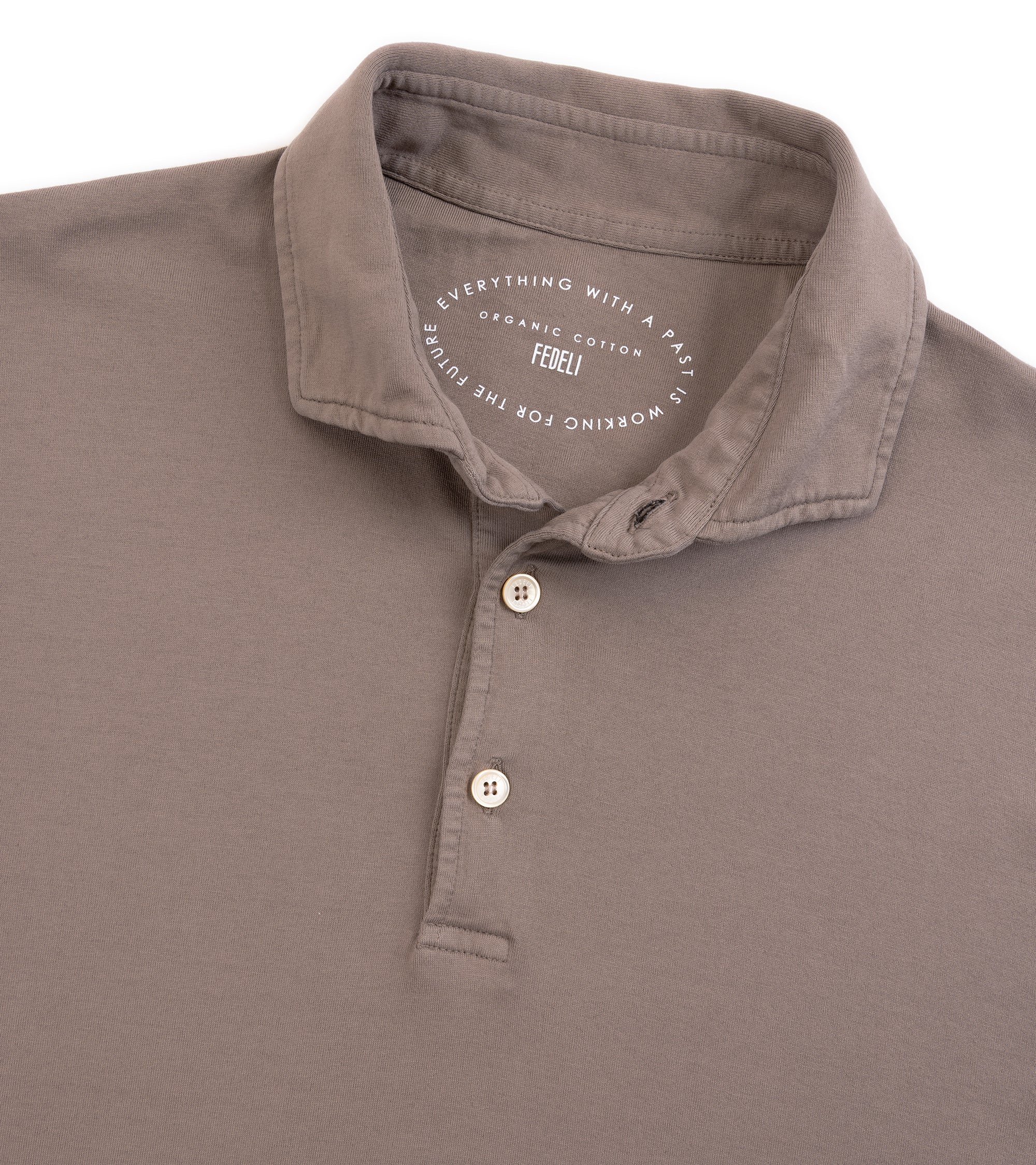 Fedeli Zero Cotton Jersey Long Sleeve Polo Shirt in dark greige. Close-up detail of the collar, three-button placket and fabric.