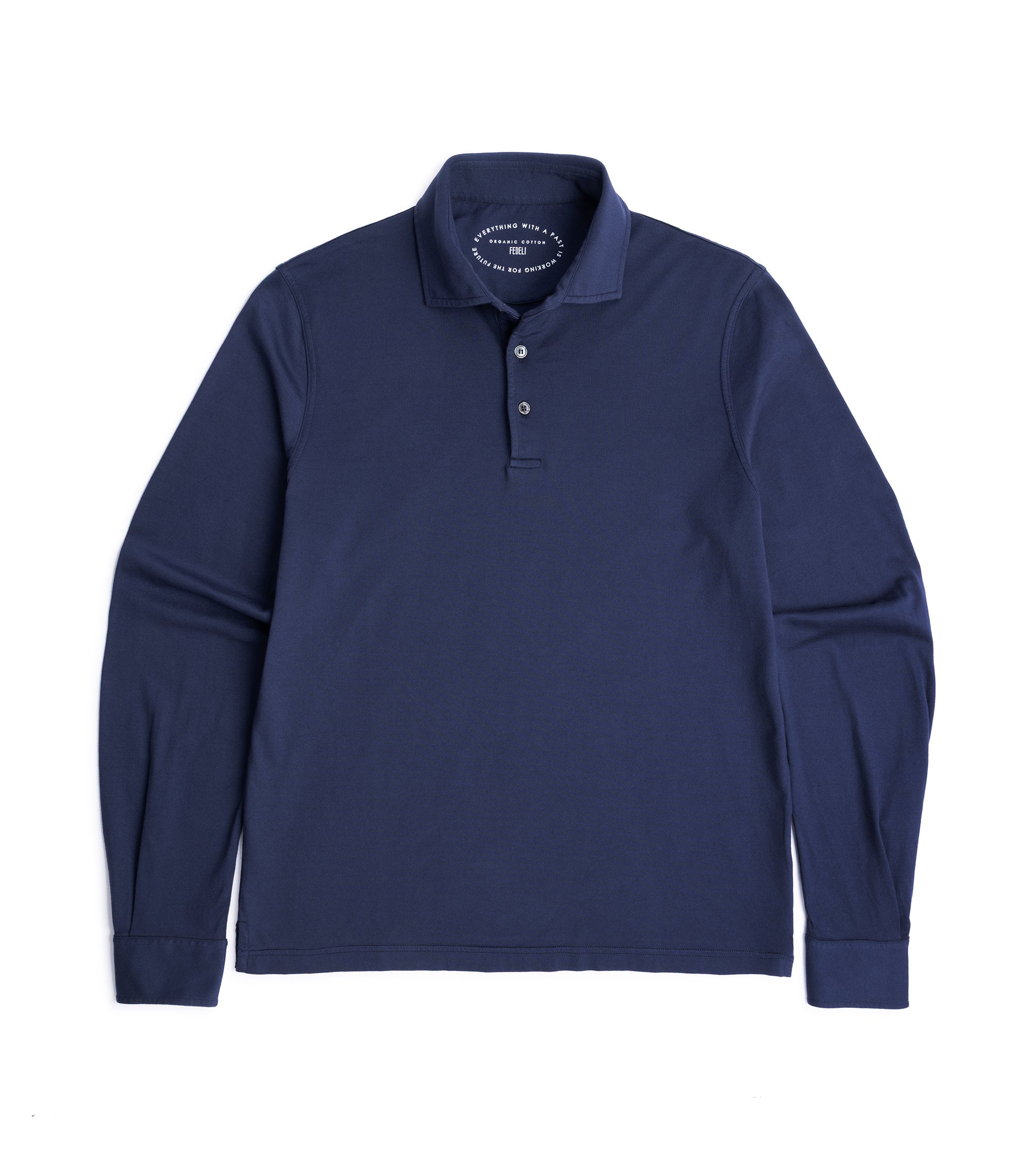 Fedeli Zero Cotton Jersey Long Sleeve Polo Shirt in Midnight Blue, front view.