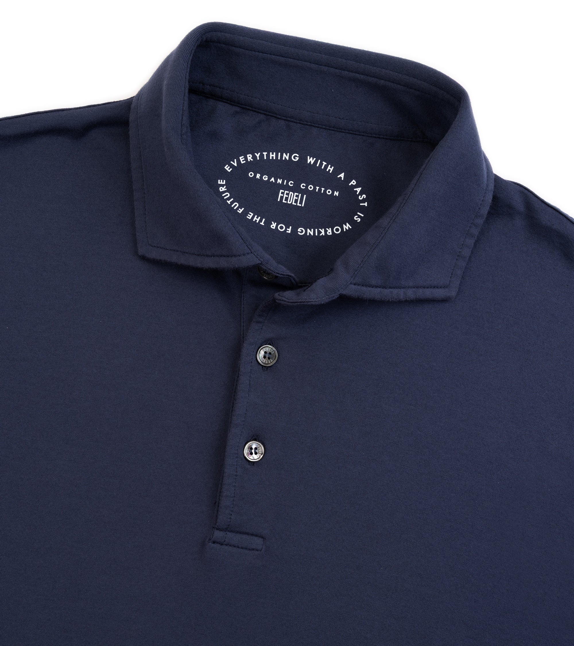 Fedeli Zero Cotton Jersey Long Sleeve Polo Shirt in Midnight Blue. Close-up detail of the collar, three-button placket and fabric.