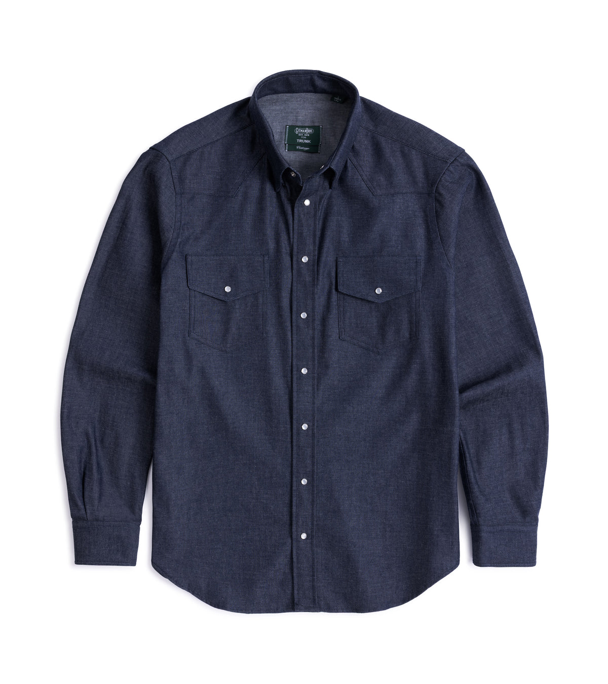 Gitman Vintage Denim Western Shirt in Dark Blue, front view, showing chest pockets and western buttons.