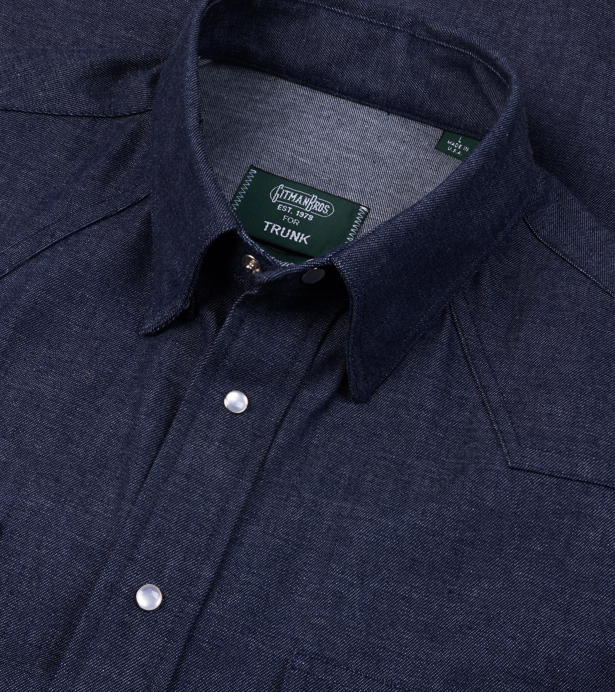 Close-up of the Gitman Vintage Denim Western Shirt in Dark Blue, showing the collar and western details.
