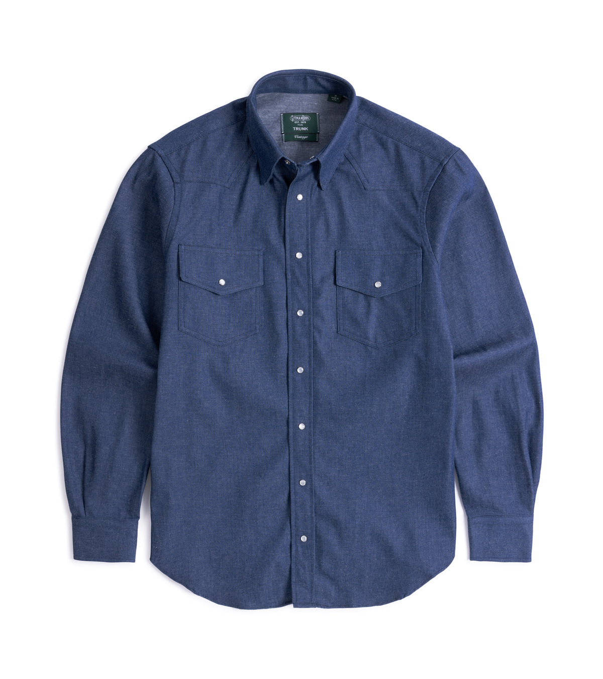 Gitman Vintage Denim Western Shirt in Light Blue, front view, showing chest pockets and western buttons.