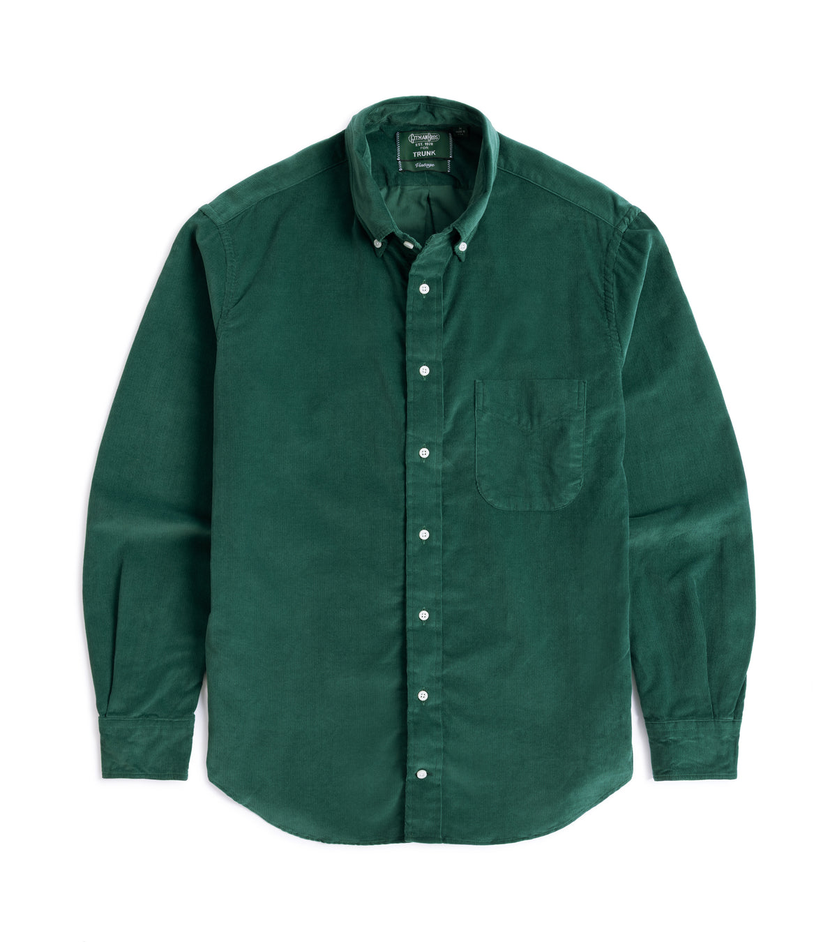 Gitman Vintage Fine Cord Button Down Shirt in Green, front view, showing the button down collar and chest pocket.