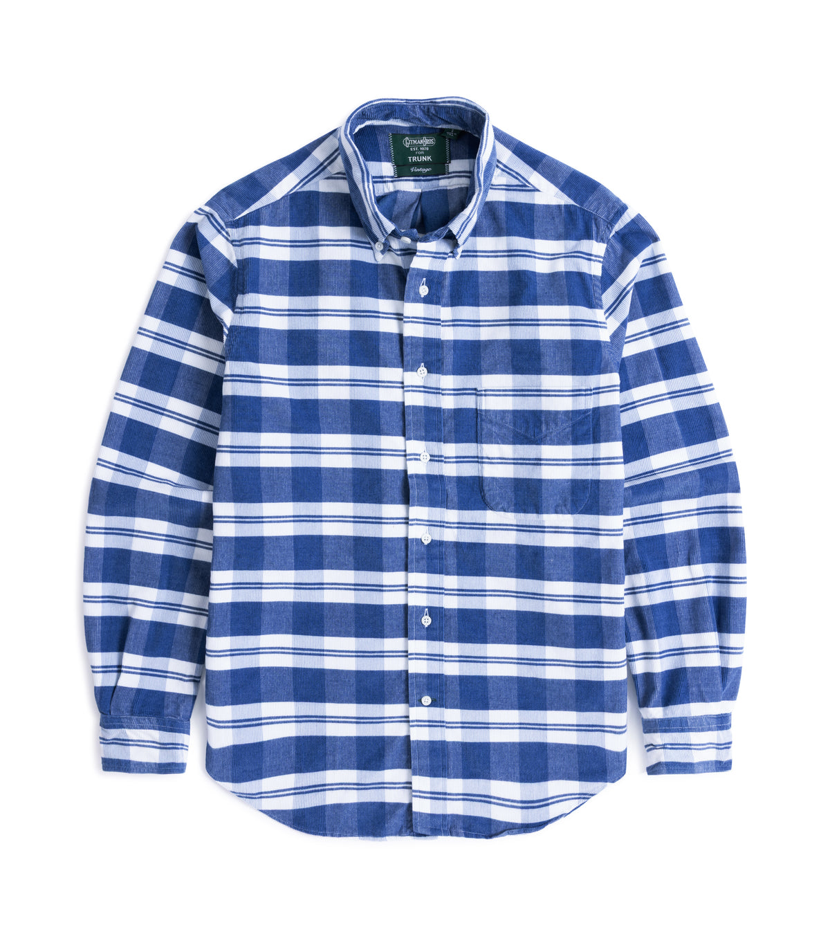 Gitman Vintage Fine Cord Check Button Down Shirt in Indigo, front view, showing the button down collar and chest pocket.
