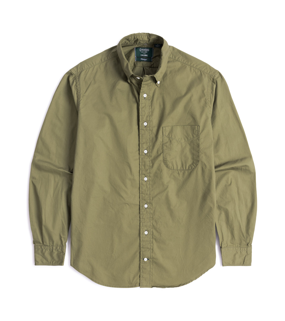 Gitman Vintage Japanese Cotton Twill Button Down Shirt in Olive, front view, showing a button down collar and chest pocket.