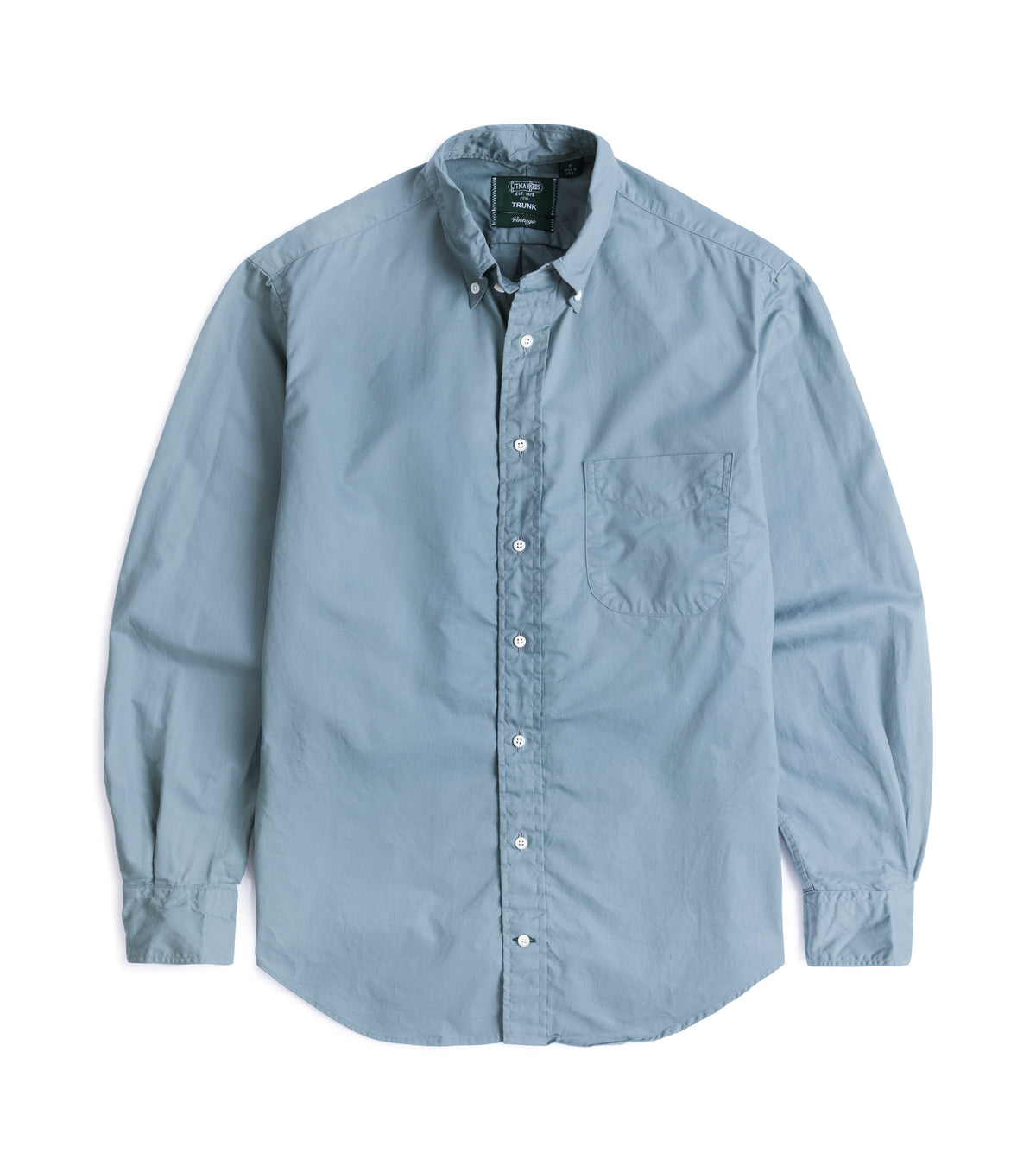 Gitman Vintage Japanese Cotton Twill Button Down Shirt in Slate Blue, front view, showing a button down collar and chest pocket.